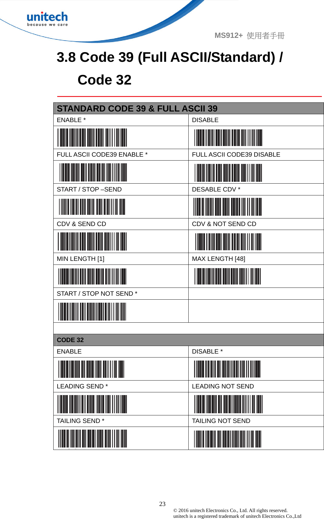                                             23 © 2016 unitech Electronics Co., Ltd. All rights reserved.   unitech is a registered trademark of unitech Electronics Co.,Ltd MS912+  使用者手冊 3.8 Code 39 (Full ASCII/Standard) / Code 32  STANDARD CODE 39 &amp; FULL ASCII 39 ENABLE *  DISABLE   FULL ASCII CODE39 ENABLE *  FULL ASCII CODE39 DISABLE   START / STOP –SEND  DESABLE CDV *   CDV &amp; SEND CD  CDV &amp; NOT SEND CD   MIN LENGTH [1]  MAX LENGTH [48]   START / STOP NOT SEND *      CODE 32   ENABLE DISABLE *   LEADING SEND *  LEADING NOT SEND   TAILING SEND *  TAILING NOT SEND     