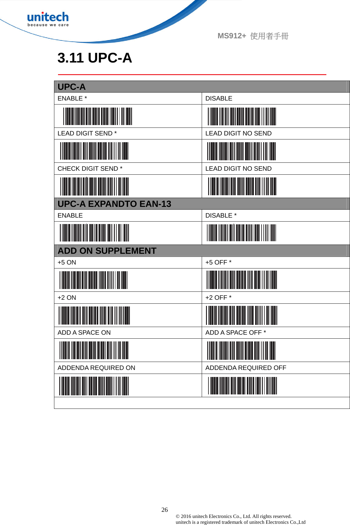                                             26 © 2016 unitech Electronics Co., Ltd. All rights reserved.   unitech is a registered trademark of unitech Electronics Co.,Ltd MS912+  使用者手冊 3.11 UPC-A  UPC-A ENABLE *  DISABLE      LEAD DIGIT SEND *  LEAD DIGIT NO SEND   CHECK DIGIT SEND *  LEAD DIGIT NO SEND   UPC-A EXPANDTO EAN-13 ENABLE DISABLE *   ADD ON SUPPLEMENT +5 ON  +5 OFF *   +2 ON  +2 OFF *   ADD A SPACE ON  ADD A SPACE OFF *    ADDENDA REQUIRED ON  ADDENDA REQUIRED OFF    