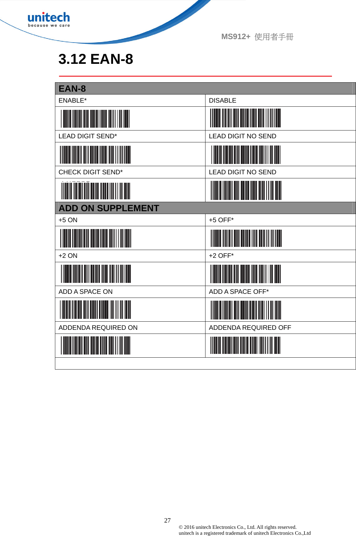                                             27 © 2016 unitech Electronics Co., Ltd. All rights reserved.   unitech is a registered trademark of unitech Electronics Co.,Ltd MS912+  使用者手冊 3.12 EAN-8  EAN-8 ENABLE* DISABLE   LEAD DIGIT SEND*  LEAD DIGIT NO SEND   CHECK DIGIT SEND*  LEAD DIGIT NO SEND   ADD ON SUPPLEMENT +5 ON  +5 OFF*   +2 ON  +2 OFF*   ADD A SPACE ON  ADD A SPACE OFF*   ADDENDA REQUIRED ON  ADDENDA REQUIRED OFF    