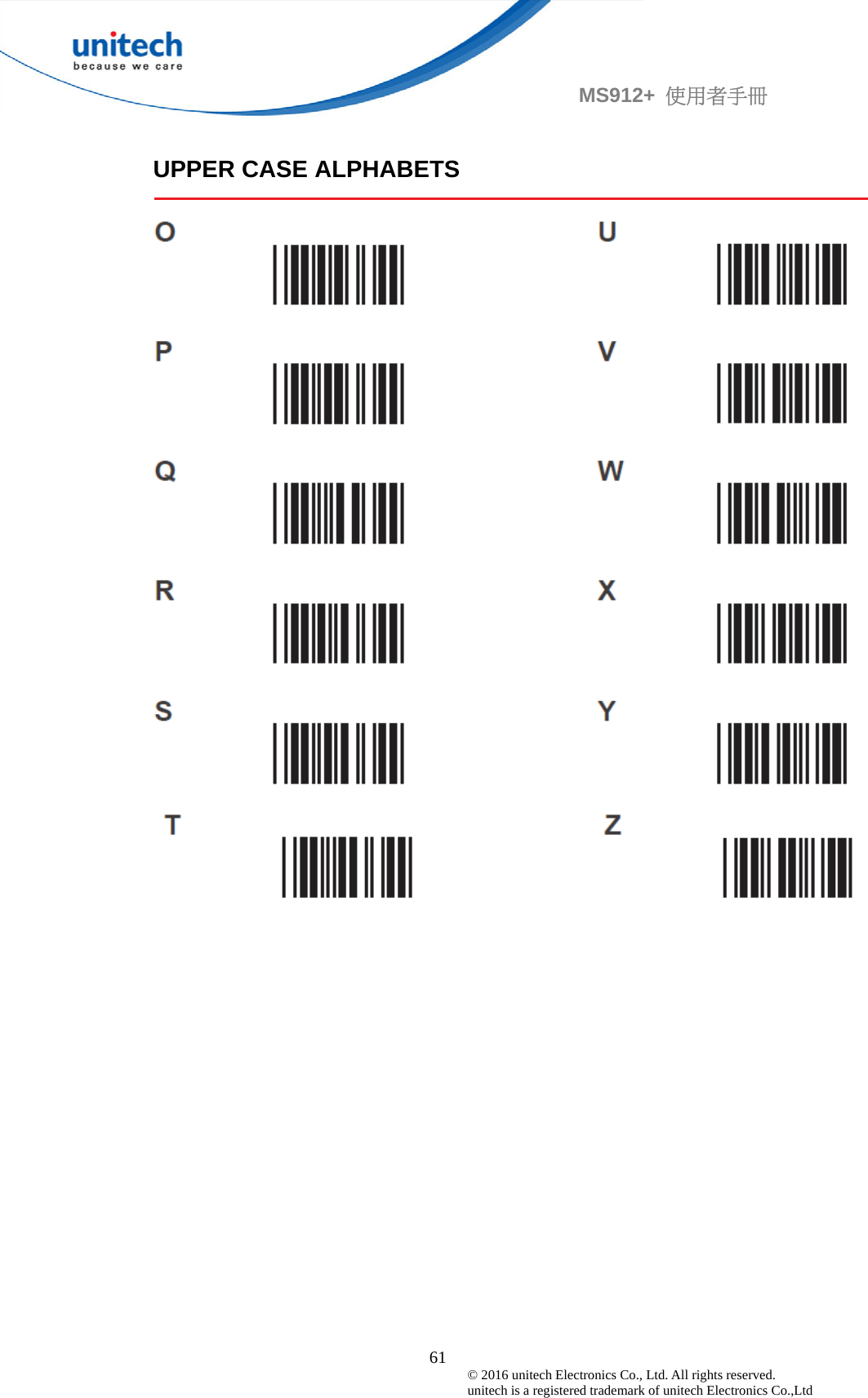                                             61 © 2016 unitech Electronics Co., Ltd. All rights reserved.   unitech is a registered trademark of unitech Electronics Co.,Ltd MS912+  使用者手冊  UPPER CASE ALPHABETS   