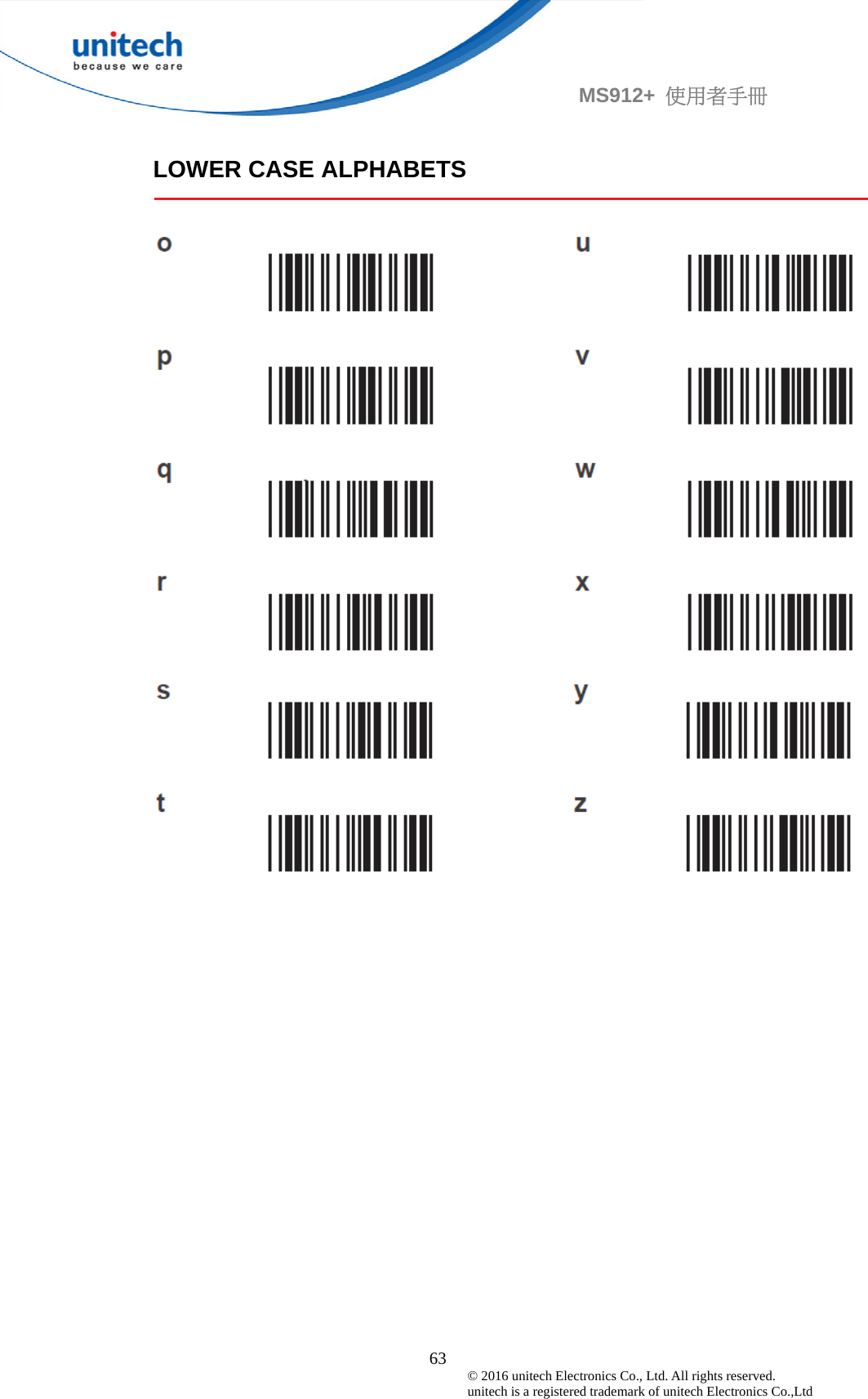                                             63 © 2016 unitech Electronics Co., Ltd. All rights reserved.   unitech is a registered trademark of unitech Electronics Co.,Ltd MS912+  使用者手冊  LOWER CASE ALPHABETS   