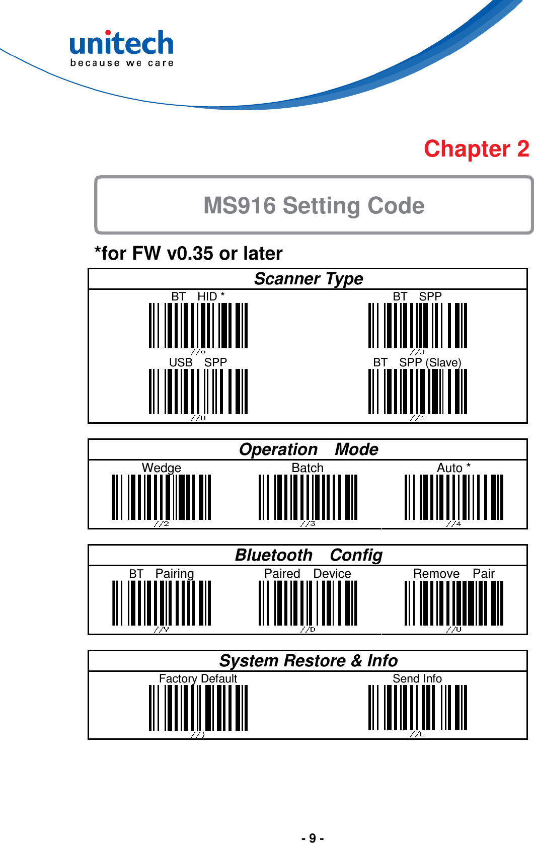  - 9 -   Chapter 2  *for FW v0.35 or later Scanner Type BT    HID *  USB    SPP  BT    SPP  BT    SPP (Slave)   Operation    Mode Wedge  Batch  Auto *   Bluetooth    Config BT   Pairing  Paired    Device  Remove    Pair   System Restore &amp; Info Factory Default  Send Info  MS916 Setting Code   