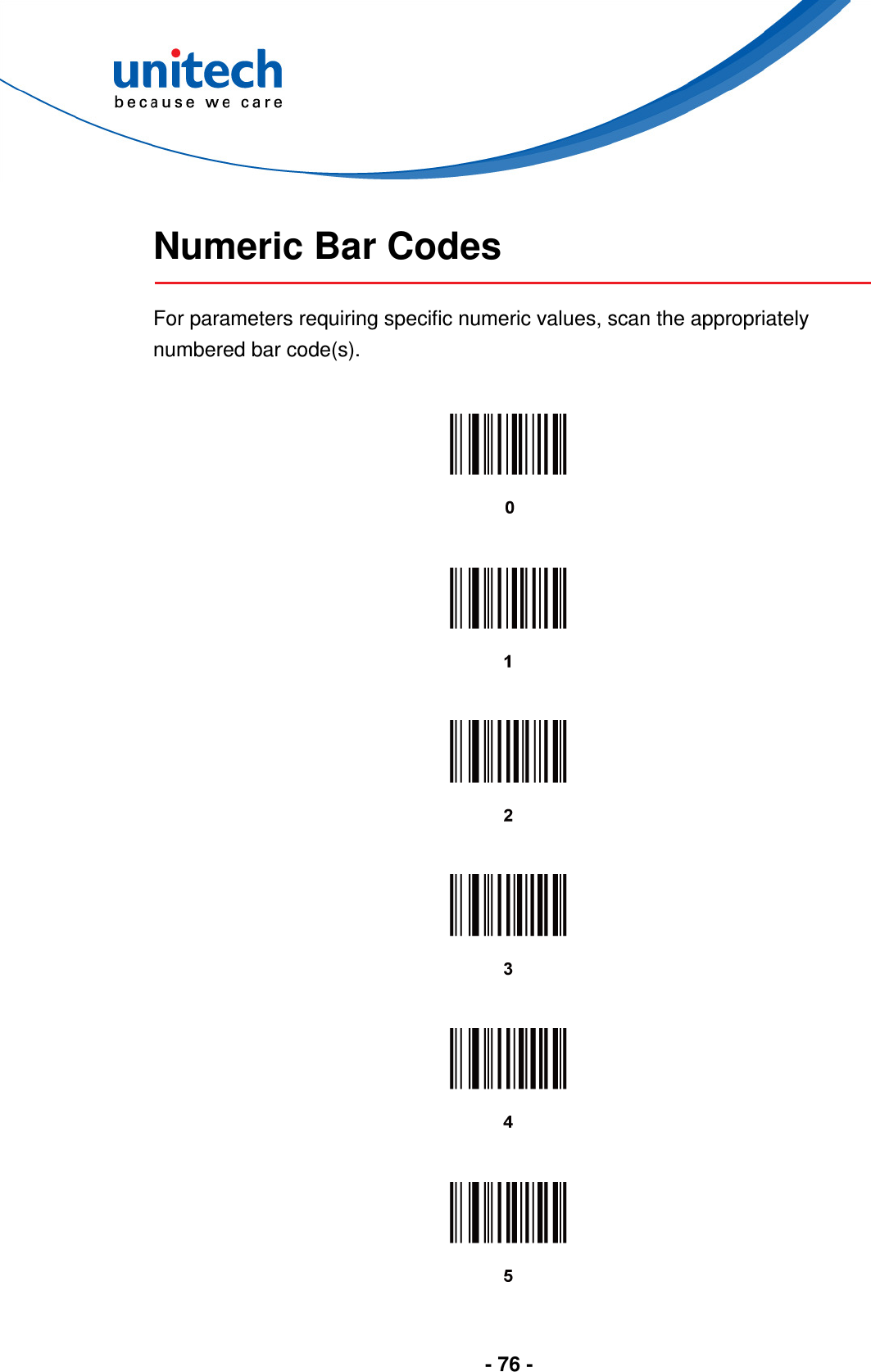  - 76 -   Numeric Bar Codes  For parameters requiring specific numeric values, scan the appropriately numbered bar code(s).              