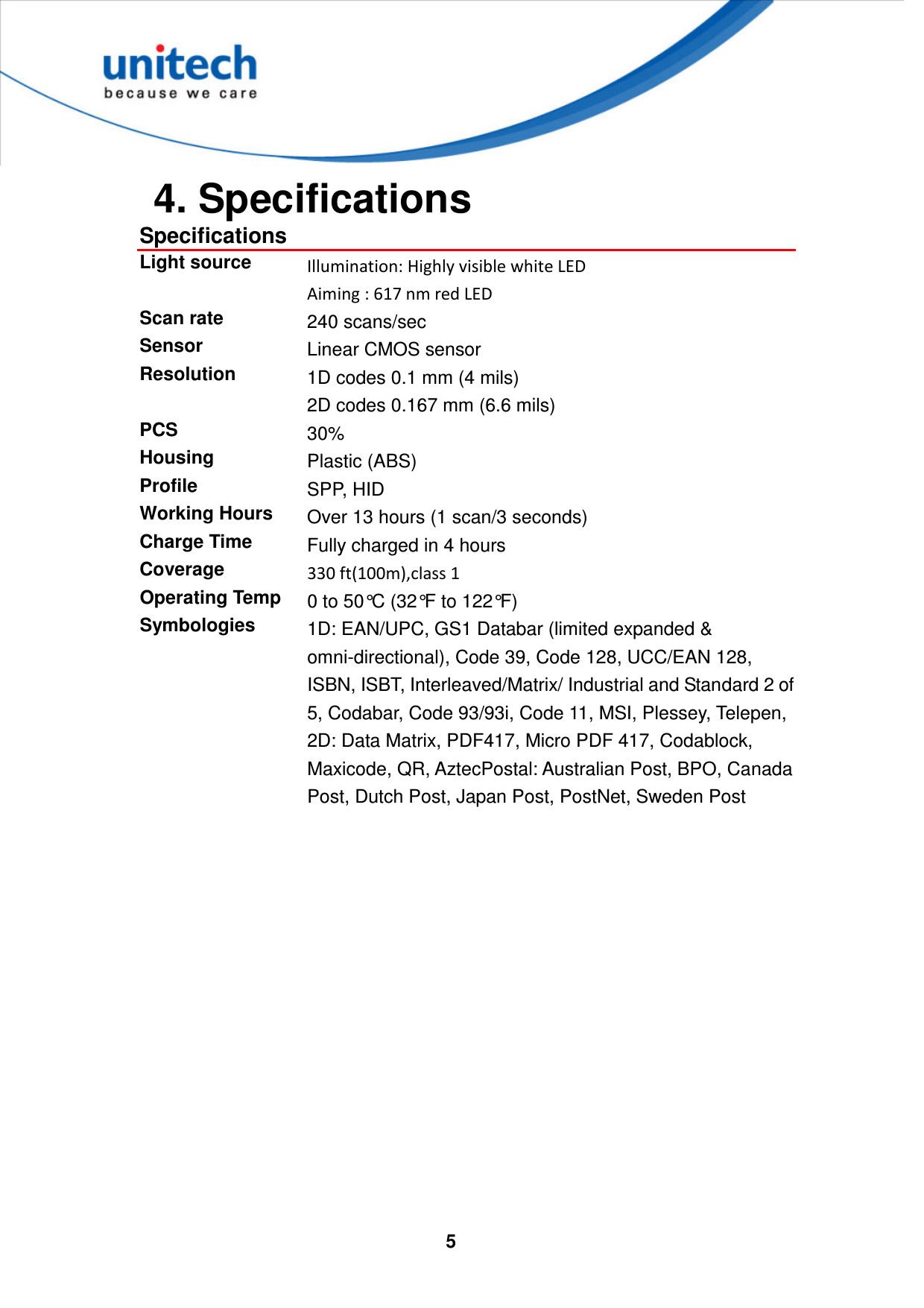  5   4. Specifications Specifications Light source  Illumination: Highly visible white LED   Aiming : 617 nm red LED Scan rate    240 scans/sec Sensor    Linear CMOS sensor Resolution  1D codes 0.1 mm (4 mils) 2D codes 0.167 mm (6.6 mils) PCS  30% Housing  Plastic (ABS) Profile  SPP, HID Working Hours  Over 13 hours (1 scan/3 seconds) Charge Time  Fully charged in 4 hours Coverage    330 ft(100m),class 1 Operating Temp    0 to 50°C (32°F to 122°F) Symbologies    1D: EAN/UPC, GS1 Databar (limited expanded &amp; omni-directional), Code 39, Code 128, UCC/EAN 128, ISBN, ISBT, Interleaved/Matrix/ Industrial and Standard 2 of 5, Codabar, Code 93/93i, Code 11, MSI, Plessey, Telepen, 2D: Data Matrix, PDF417, Micro PDF 417, Codablock, Maxicode, QR, AztecPostal: Australian Post, BPO, Canada Post, Dutch Post, Japan Post, PostNet, Sweden Post          