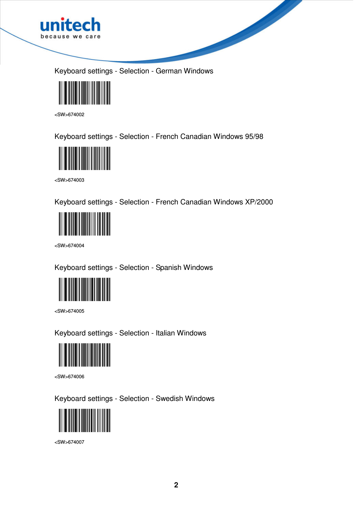  2     Keyboard settings - Selection - German Windows  &lt;SW&gt;674002  Keyboard settings - Selection - French Canadian Windows 95/98  &lt;SW&gt;674003  Keyboard settings - Selection - French Canadian Windows XP/2000  &lt;SW&gt;674004  Keyboard settings - Selection - Spanish Windows  &lt;SW&gt;674005  Keyboard settings - Selection - Italian Windows  &lt;SW&gt;674006  Keyboard settings - Selection - Swedish Windows  &lt;SW&gt;674007    