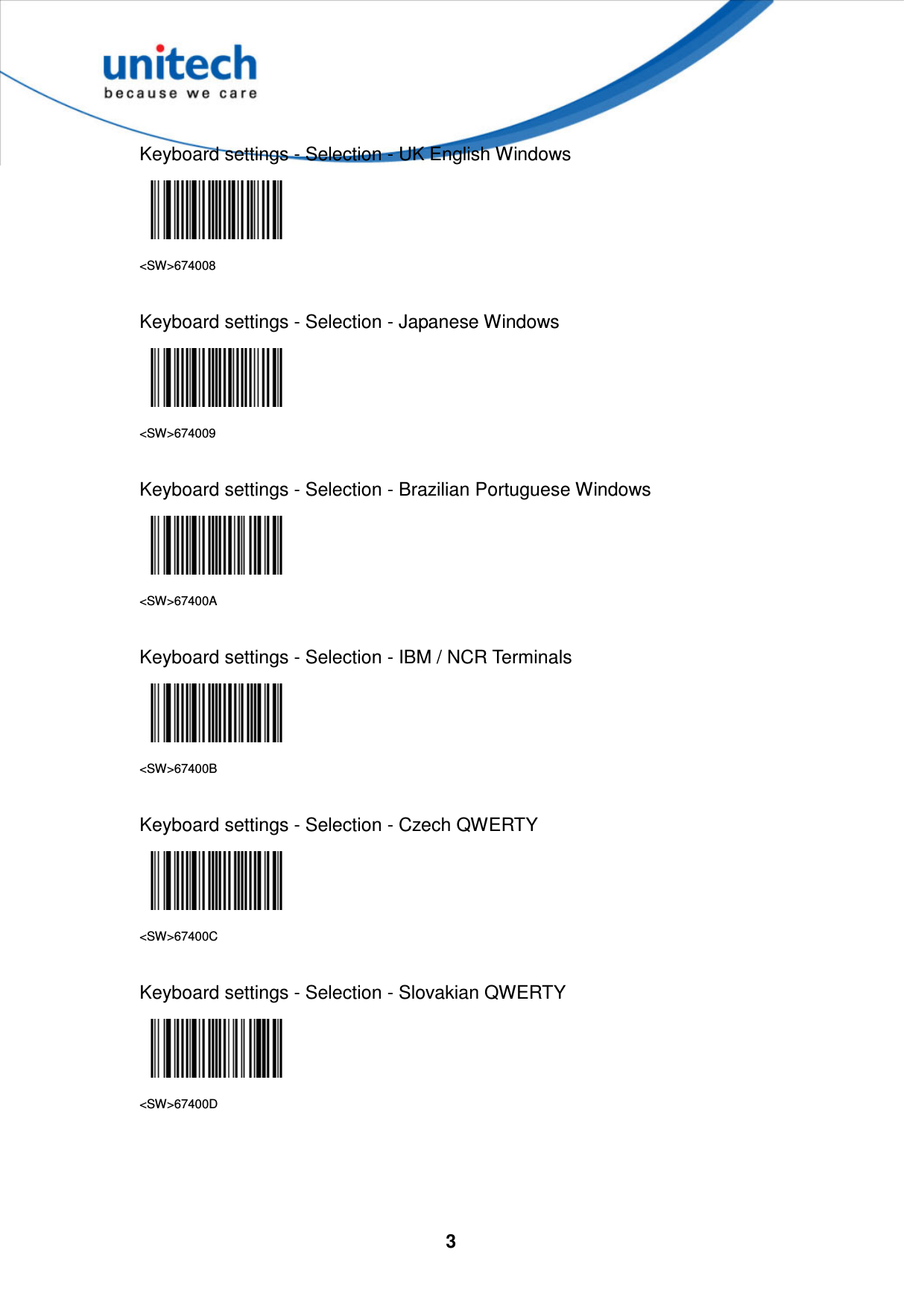  3    Keyboard settings - Selection - UK English Windows  &lt;SW&gt;674008  Keyboard settings - Selection - Japanese Windows  &lt;SW&gt;674009  Keyboard settings - Selection - Brazilian Portuguese Windows  &lt;SW&gt;67400A  Keyboard settings - Selection - IBM / NCR Terminals  &lt;SW&gt;67400B  Keyboard settings - Selection - Czech QWERTY  &lt;SW&gt;67400C  Keyboard settings - Selection - Slovakian QWERTY  &lt;SW&gt;67400D     