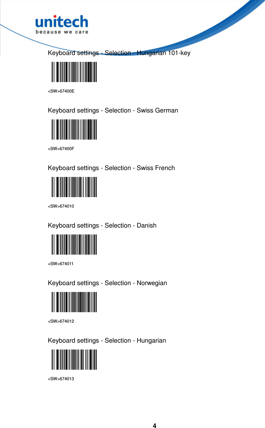  4    Keyboard settings - Selection - Hungarian 101-key  &lt;SW&gt;67400E  Keyboard settings - Selection - Swiss German  &lt;SW&gt;67400F  Keyboard settings - Selection - Swiss French  &lt;SW&gt;674010  Keyboard settings - Selection - Danish  &lt;SW&gt;674011  Keyboard settings - Selection - Norwegian  &lt;SW&gt;674012  Keyboard settings - Selection - Hungarian  &lt;SW&gt;674013     