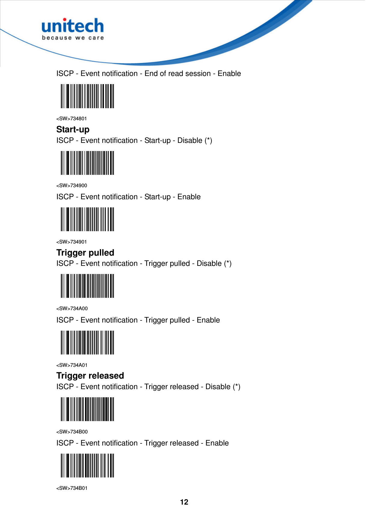  12     ISCP - Event notification - End of read session - Enable  &lt;SW&gt;734801 Start-up ISCP - Event notification - Start-up - Disable (*)  &lt;SW&gt;734900 ISCP - Event notification - Start-up - Enable  &lt;SW&gt;734901 Trigger pulled ISCP - Event notification - Trigger pulled - Disable (*)  &lt;SW&gt;734A00 ISCP - Event notification - Trigger pulled - Enable  &lt;SW&gt;734A01 Trigger released ISCP - Event notification - Trigger released - Disable (*)  &lt;SW&gt;734B00 ISCP - Event notification - Trigger released - Enable  &lt;SW&gt;734B01 