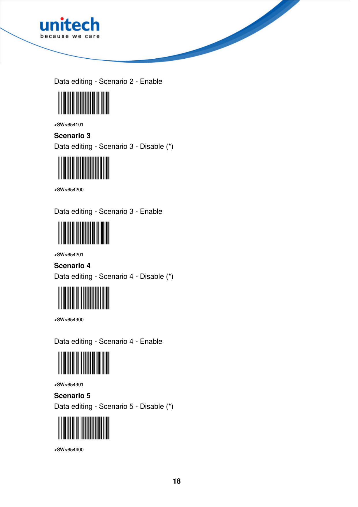  18      Data editing - Scenario 2 - Enable  &lt;SW&gt;654101 Scenario 3 Data editing - Scenario 3 - Disable (*)  &lt;SW&gt;654200  Data editing - Scenario 3 - Enable  &lt;SW&gt;654201 Scenario 4 Data editing - Scenario 4 - Disable (*)  &lt;SW&gt;654300  Data editing - Scenario 4 - Enable  &lt;SW&gt;654301 Scenario 5 Data editing - Scenario 5 - Disable (*)  &lt;SW&gt;654400   