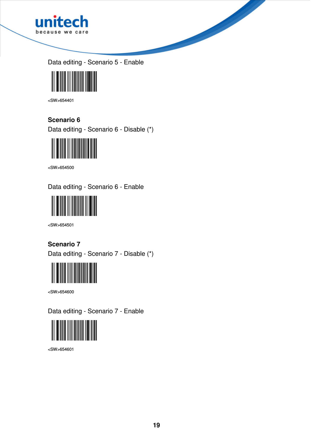  19     Data editing - Scenario 5 - Enable  &lt;SW&gt;654401  Scenario 6 Data editing - Scenario 6 - Disable (*)  &lt;SW&gt;654500  Data editing - Scenario 6 - Enable  &lt;SW&gt;654501  Scenario 7 Data editing - Scenario 7 - Disable (*)  &lt;SW&gt;654600  Data editing - Scenario 7 - Enable  &lt;SW&gt;654601        