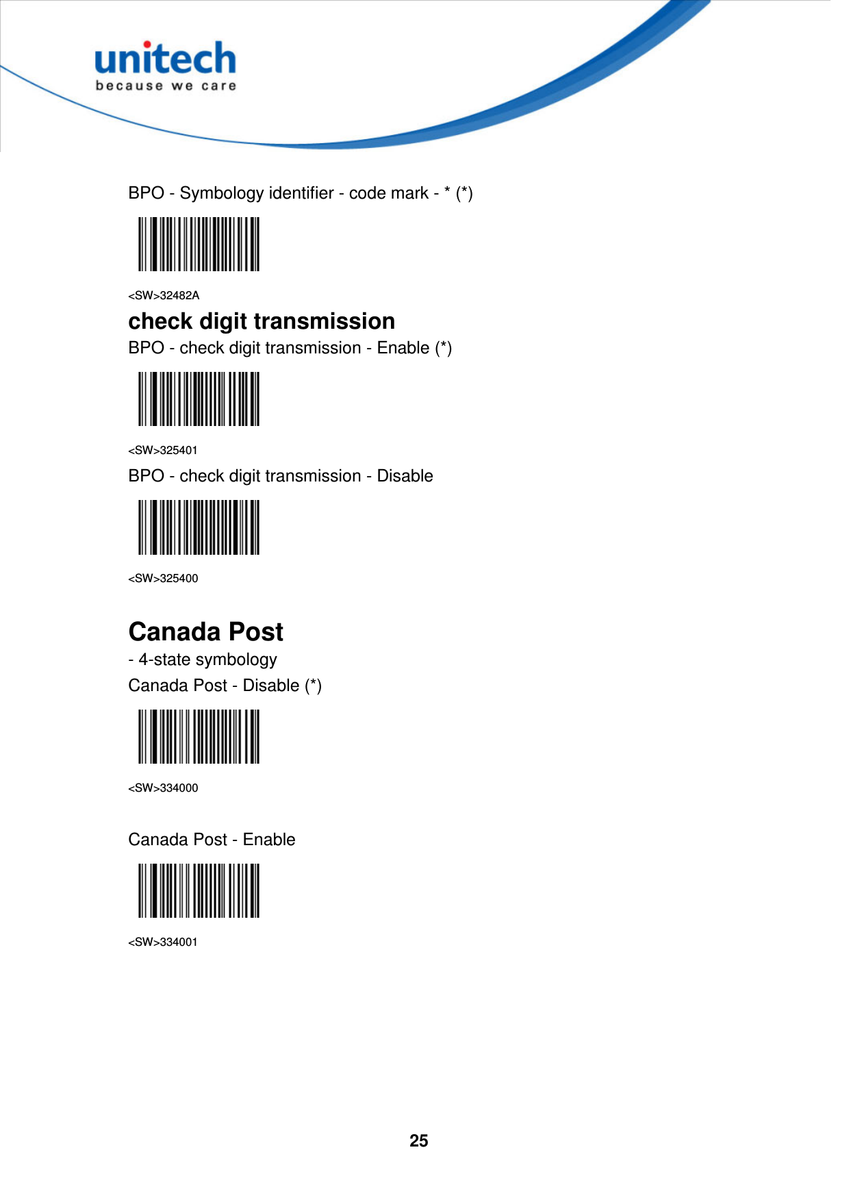  25      BPO - Symbology identifier - code mark - * (*)  &lt;SW&gt;32482A check digit transmission BPO - check digit transmission - Enable (*)  &lt;SW&gt;325401 BPO - check digit transmission - Disable  &lt;SW&gt;325400  Canada Post  - 4-state symbology Canada Post - Disable (*)  &lt;SW&gt;334000  Canada Post - Enable  &lt;SW&gt;334001       