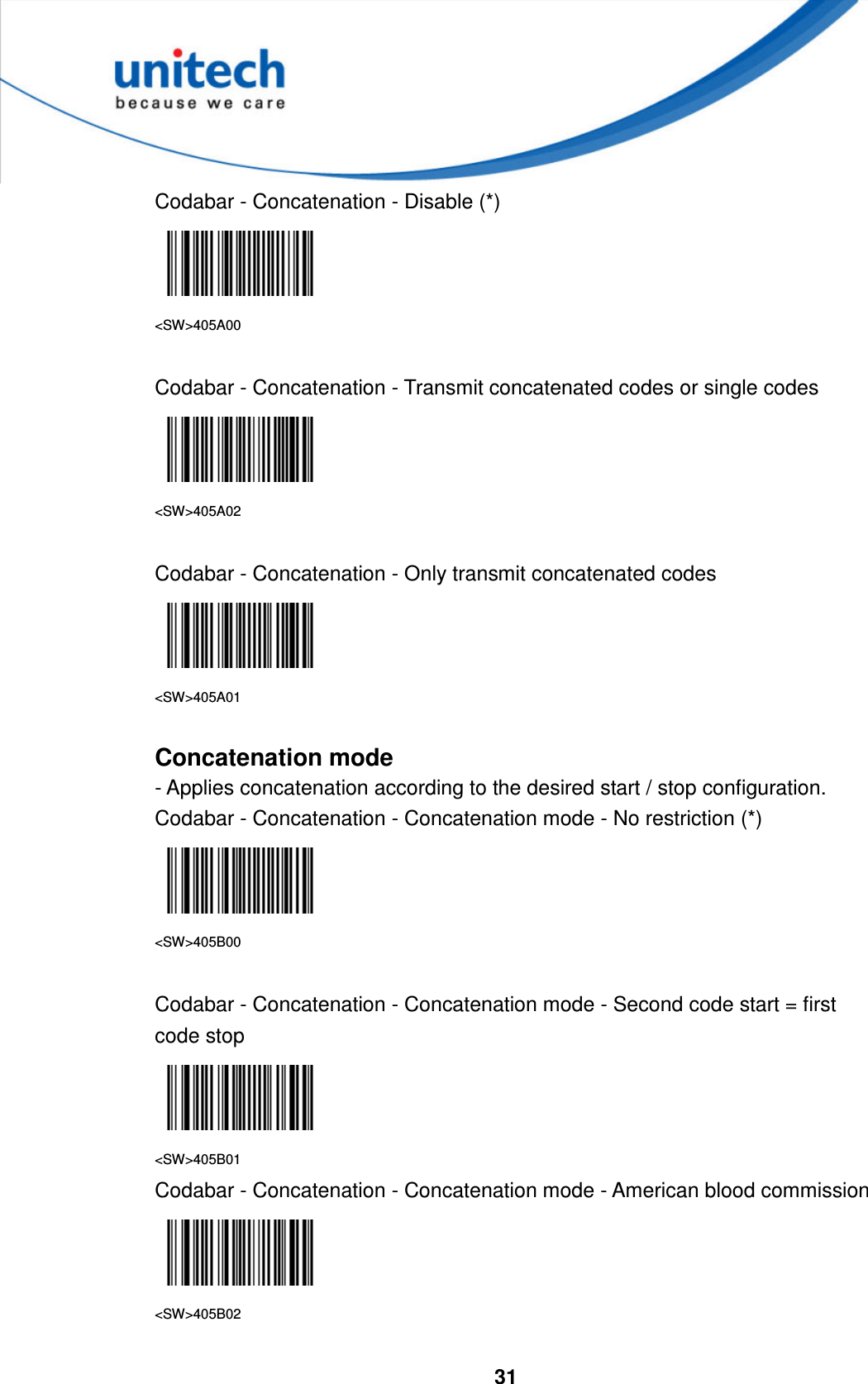  31     Codabar - Concatenation - Disable (*)  &lt;SW&gt;405A00  Codabar - Concatenation - Transmit concatenated codes or single codes  &lt;SW&gt;405A02  Codabar - Concatenation - Only transmit concatenated codes  &lt;SW&gt;405A01  Concatenation mode - Applies concatenation according to the desired start / stop configuration. Codabar - Concatenation - Concatenation mode - No restriction (*)  &lt;SW&gt;405B00  Codabar - Concatenation - Concatenation mode - Second code start = first code stop  &lt;SW&gt;405B01 Codabar - Concatenation - Concatenation mode - American blood commission  &lt;SW&gt;405B02  