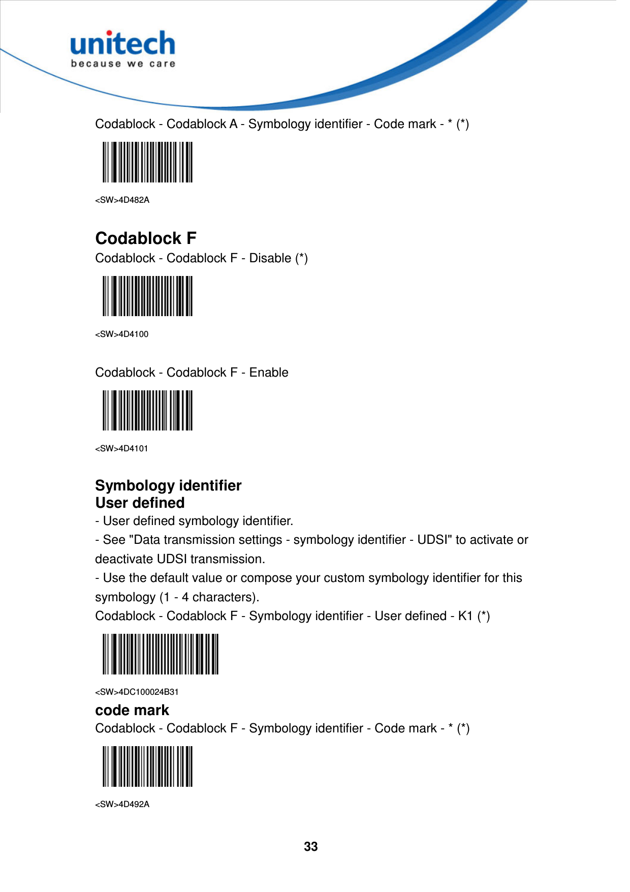  33     Codablock - Codablock A - Symbology identifier - Code mark - * (*)  &lt;SW&gt;4D482A  Codablock F Codablock - Codablock F - Disable (*)  &lt;SW&gt;4D4100  Codablock - Codablock F - Enable  &lt;SW&gt;4D4101  Symbology identifier User defined - User defined symbology identifier. - See &quot;Data transmission settings - symbology identifier - UDSI&quot; to activate or deactivate UDSI transmission. - Use the default value or compose your custom symbology identifier for this symbology (1 - 4 characters). Codablock - Codablock F - Symbology identifier - User defined - K1 (*)  &lt;SW&gt;4DC100024B31 code mark Codablock - Codablock F - Symbology identifier - Code mark - * (*)  &lt;SW&gt;4D492A  