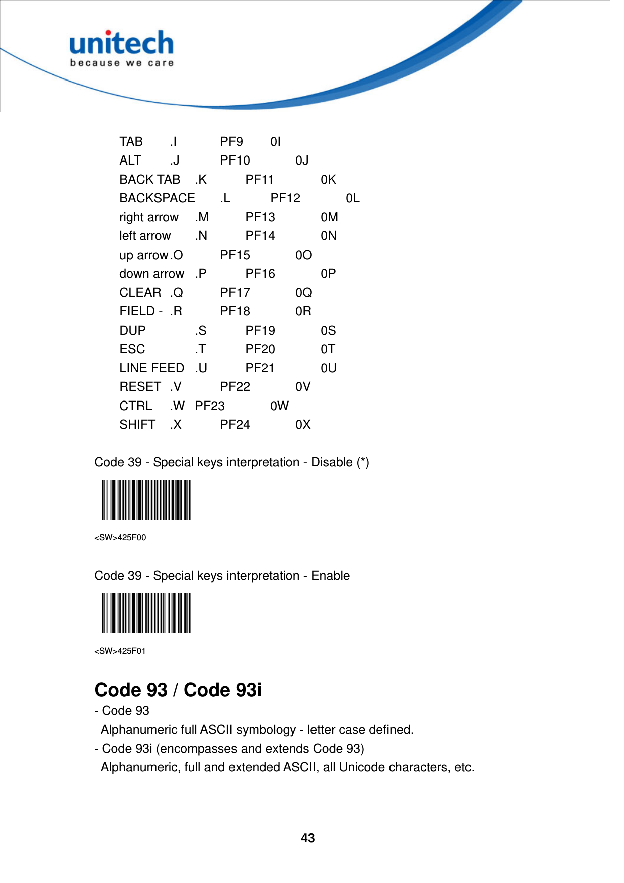  43              TAB   .I    PF9         0I           ALT   .J    PF10          0J           BACK TAB  .K    PF11          0K           BACKSPACE  .L    PF12          0L           right arrow  .M    PF13          0M           left arrow  .N    PF14          0N           up arrow .O    PF15          0O           down arrow  .P    PF16          0P           CLEAR  .Q    PF17          0Q           FIELD -  .R    PF18          0R           DUP    .S    PF19          0S           ESC    .T    PF20          0T           LINE FEED  .U    PF21          0U           RESET  .V    PF22          0V           CTRL  .W  PF23          0W           SHIFT  .X    PF24          0X  Code 39 - Special keys interpretation - Disable (*)  &lt;SW&gt;425F00  Code 39 - Special keys interpretation - Enable  &lt;SW&gt;425F01  Code 93 / Code 93i - Code 93     Alphanumeric full ASCII symbology - letter case defined.   - Code 93i (encompasses and extends Code 93)     Alphanumeric, full and extended ASCII, all Unicode characters, etc.   