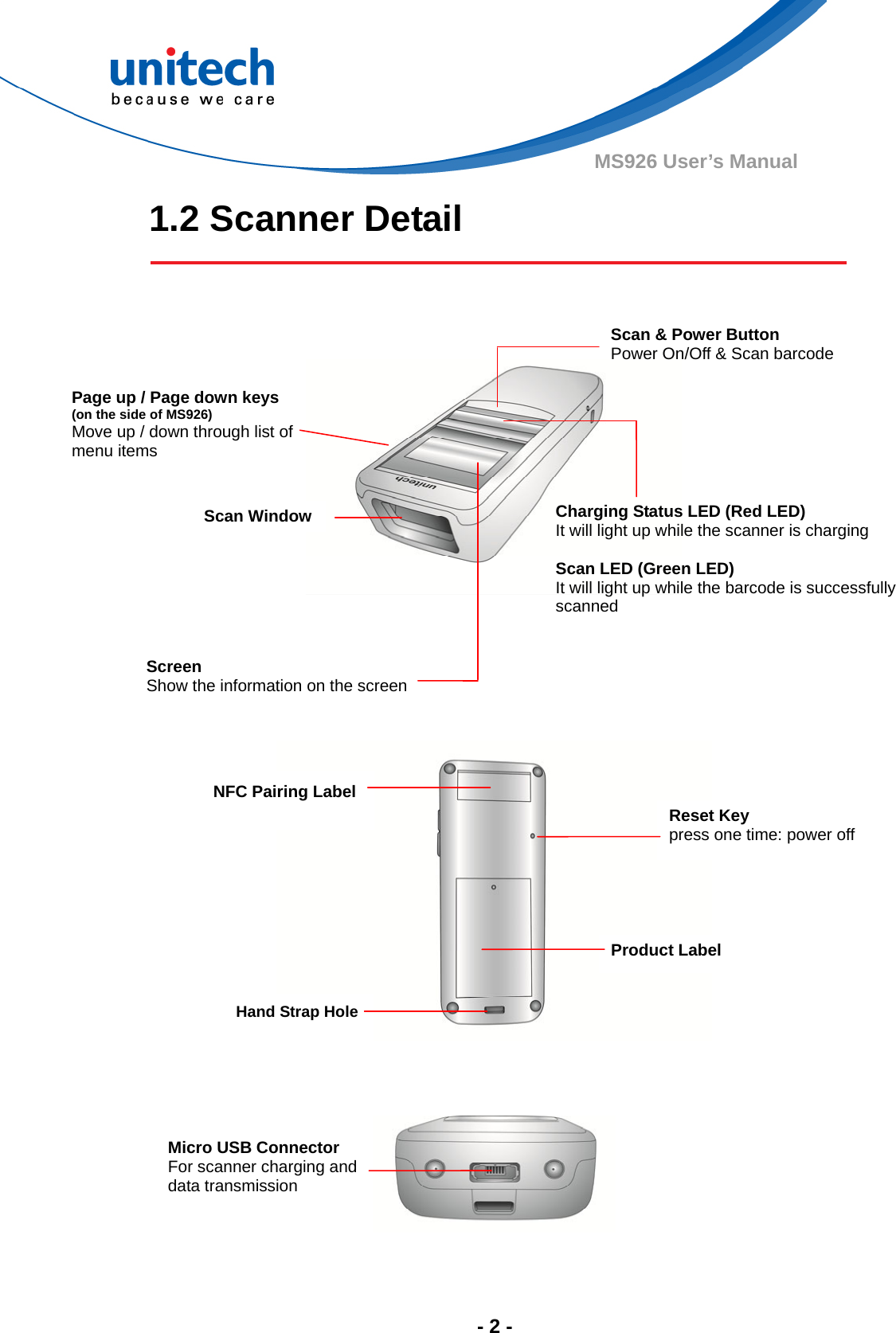  - 2 - MS926 User’s Manual 1.2 Scanner Detail            Micro USB Connector For scanner charging and data transmission  Screen Show the information on the screen Scan Window Scan &amp; Power Button Power On/Off &amp; Scan barcode Charging Status LED (Red LED) It will light up while the scanner is charging  Scan LED (Green LED) It will light up while the barcode is successfully scanned Page up / Page down keys (on the side of MS926) Move up / down through list of menu items Product Label NFC Pairing Label Hand Strap Hole Reset Key press one time: power off 