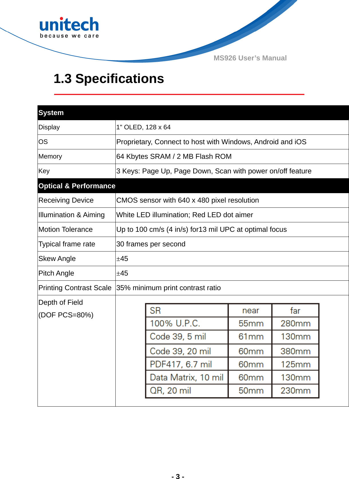  - 3 - MS926 User’s Manual 1.3 Specifications    System Display  1&quot; OLED, 128 x 64 OS  Proprietary, Connect to host with Windows, Android and iOS Memory  64 Kbytes SRAM / 2 MB Flash ROM Key  3 Keys: Page Up, Page Down, Scan with power on/off feature Optical &amp; Performance Receiving Device  CMOS sensor with 640 x 480 pixel resolution Illumination &amp; Aiming  White LED illumination; Red LED dot aimer Motion Tolerance Up to 100 cm/s (4 in/s) for13 mil UPC at optimal focus Typical frame rate 30 frames per second Skew Angle  ±45 Pitch Angle  ±45 Printing Contrast Scale  35% minimum print contrast ratio Depth of Field (DOF PCS=80%)  