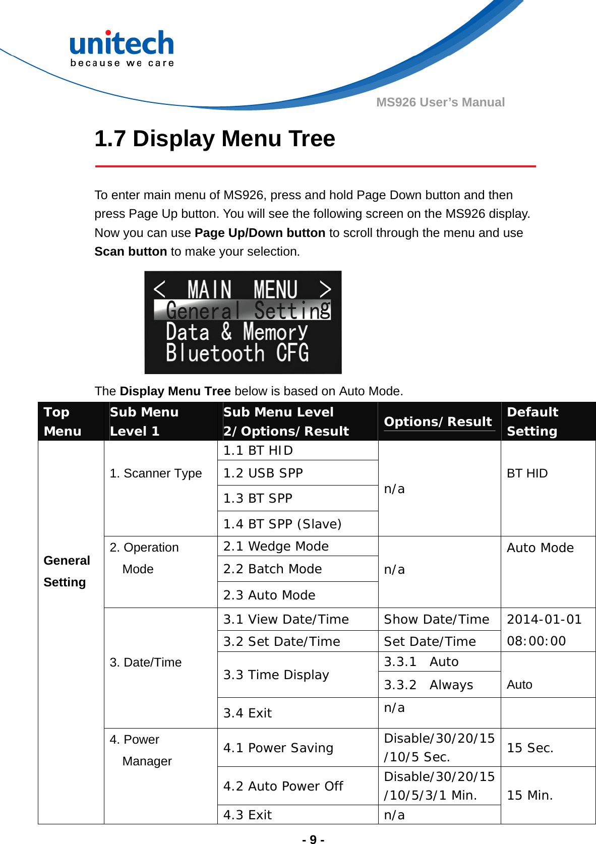  - 9 - MS926 User’s Manual 1.7 Display Menu Tree  To enter main menu of MS926, press and hold Page Down button and then press Page Up button. You will see the following screen on the MS926 display. Now you can use Page Up/Down button to scroll through the menu and use Scan button to make your selection.  The Display Menu Tree below is based on Auto Mode. Top Menu  Sub Menu Level 1  Sub Menu Level 2/Options/Result  Options/Result  Default Setting 1.1 BT HID 1.2 USB SPP 1.3 BT SPP  1. Scanner Type 1.4 BT SPP (Slave) n/a  BT HID 2.1 Wedge Mode 2.2 Batch Mode 2. Operation Mode 2.3 Auto Mode  n/a Auto Mode 3.1 View Date/Time  Show Date/Time  3.2 Set Date/Time  Set Date/Time  2014-01-01 08:00:00 3.3.1  Auto 3.3 Time Display   3.3.2  Always  Auto   3. Date/Time 3.4 Exit  n/a   4.1 Power Saving  Disable/30/20/15/10/5 Sec.  15 Sec. 4.2 Auto Power Off  Disable/30/20/15/10/5/3/1 Min.      General Setting 4. Power Manager 4.3 Exit  n/a  15 Min. 