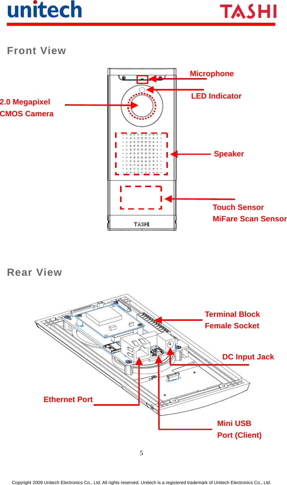      5 Copyright 2009 Unitech Electronics Co., Ltd. All rights reserved. Unitech is a registered trademark of Unitech Electronics Co., Ltd. Front View  Rear View  Speaker Microphone LED Indicator 2.0 Megapixel   CMOS Camera Touch Sensor MiFare Scan Sensor Terminal Block Female Socket DC Input JackEthernet Port Mini USB Port (Client) 