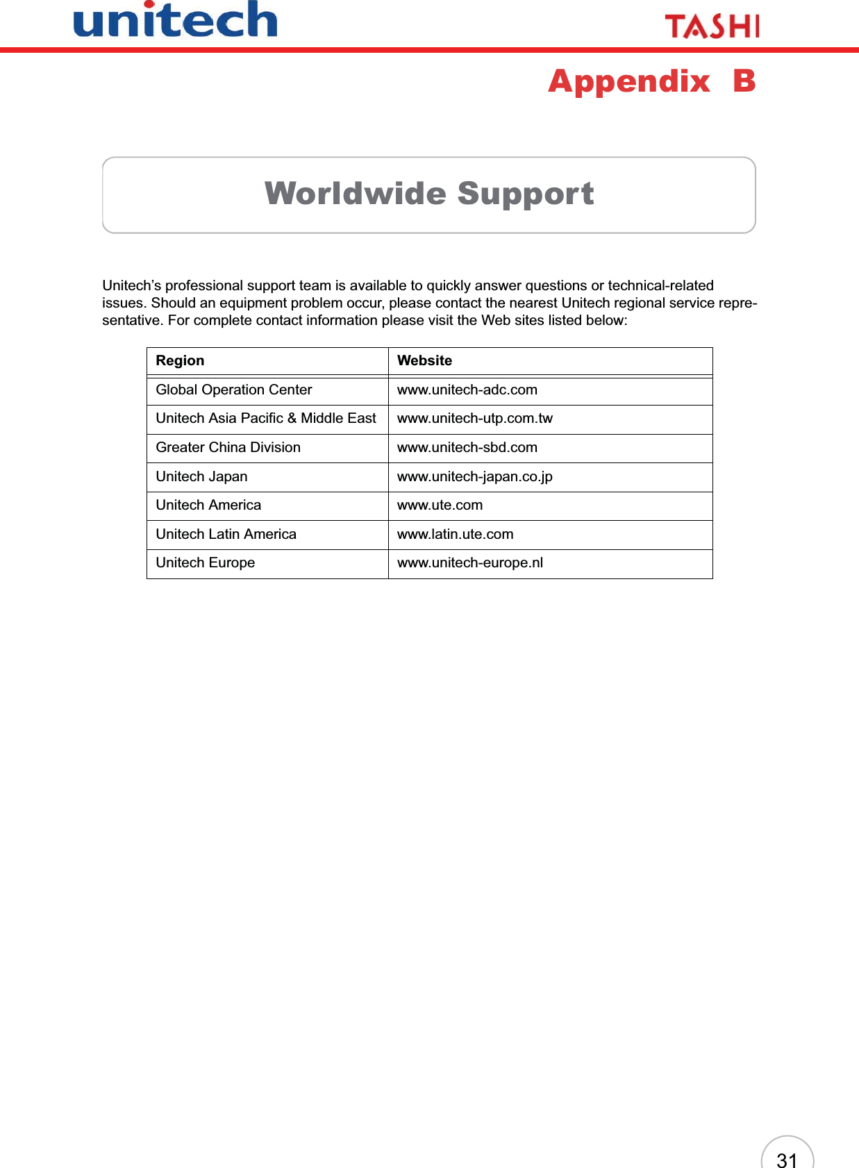 31Appendix  BWorldwide SupportUnitech’s professional support team is available to quickly answer questions or technical-related issues. Should an equipment problem occur, please contact the nearest Unitech regional service repre-sentative. For complete contact information please visit the Web sites listed below:Region WebsiteGlobal Operation Center www.unitech-adc.comUnitech Asia Pacific &amp; Middle East www.unitech-utp.com.twGreater China Division www.unitech-sbd.comUnitech Japan www.unitech-japan.co.jpUnitech America www.ute.comUnitech Latin America www.latin.ute.comUnitech Europe www.unitech-europe.nl