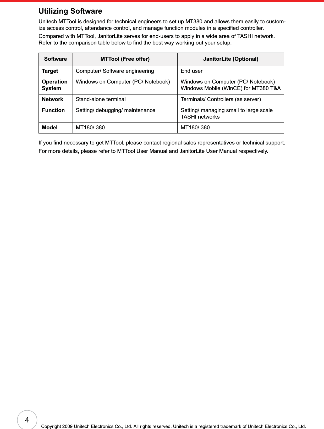 4Copyright 2009 Unitech Electronics Co., Ltd. All rights reserved. Unitech is a registered trademark of Unitech Electronics Co., Ltd.Utilizing SoftwareUnitech MTTool is designed for technical engineers to set up MT380 and allows them easily to custom-ize access control, attendance control, and manage function modules in a specified controller.Compared with MTTool, JanitorLite serves for end-users to apply in a wide area of TASHI network. Refer to the comparison table below to find the best way working out your setup.If you find necessary to get MTTool, please contact regional sales representatives or technical support.For more details, please refer to MTTool User Manual and JanitorLite User Manual respectively.Software MTTool (Free offer) JanitorLite (Optional)Target Computer/ Software engineering End userOperation SystemWindows on Computer (PC/ Notebook) Windows on Computer (PC/ Notebook)Windows Mobile (WinCE) for MT380 T&amp;ANetwork Stand-alone terminal Terminals/ Controllers (as server)Function Setting/ debugging/ maintenance Setting/ managing small to large scale TASHI networksModel MT180/ 380 MT180/ 380