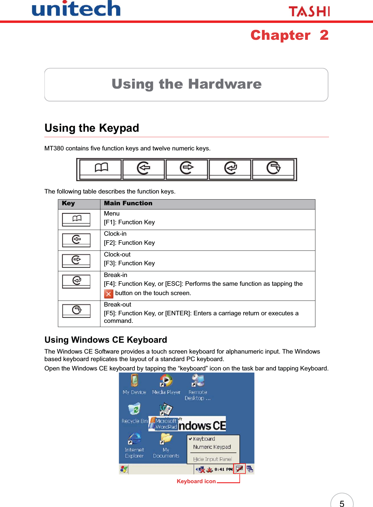 5Chapter  2Using the HardwareUsing the KeypadMT380 contains five function keys and twelve numeric keys.The following table describes the function keys.Using Windows CE KeyboardThe Windows CE Software provides a touch screen keyboard for alphanumeric input. The Windows based keyboard replicates the layout of a standard PC keyboard.Open the Windows CE keyboard by tapping the “keyboard” icon on the task bar and tapping Keyboard.Key Main FunctionMenu[F1]: Function KeyClock-in[F2]: Function KeyClock-out[F3]: Function KeyBreak-in[F4]: Function Key, or [ESC]: Performs the same function as tapping the  button on the touch screen.Break-out[F5]: Function Key, or [ENTER]: Enters a carriage return or executes a command.Keyboard icon