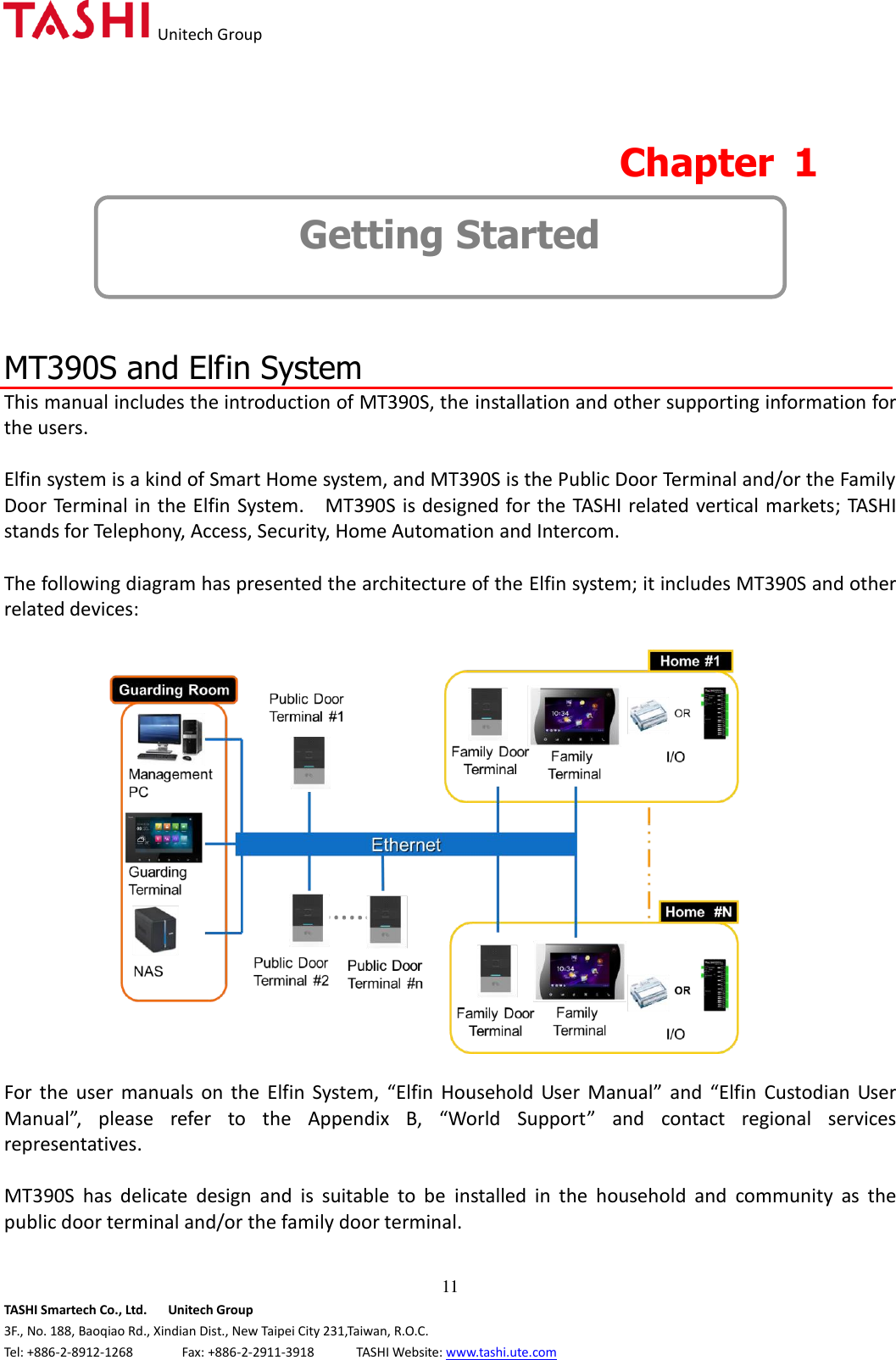   Unitech Group  11 TASHI Smartech Co., Ltd.      Unitech Group 3F., No. 188, Baoqiao Rd., Xindian Dist., New Taipei City 231,Taiwan, R.O.C. Tel: +886-2-8912-1268              Fax: +886-2-2911-3918            TASHI Website: www.tashi.ute.com  Chapter  1 Getting Started   MT390S and Elfin System This manual includes the introduction of MT390S, the installation and other supporting information for the users.  Elfin system is a kind of Smart Home system, and MT390S is the Public Door Terminal and/or the Family Door Terminal in the Elfin System.  MT390S is designed for the TASHI related vertical markets; TASHI stands for Telephony, Access, Security, Home Automation and Intercom.  The following diagram has presented the architecture of the Elfin system; it includes MT390S and other related devices:    For  the  user  manuals  on  the  Elfin  System,  “Elfin  Household  User  Manual”  and  “Elfin  Custodian  User Manual”,  please  refer  to  the  Appendix  B,  “World  Support”  and  contact  regional  services representatives.  MT390S  has  delicate  design  and  is  suitable  to  be  installed  in  the  household  and  community  as  the public door terminal and/or the family door terminal.       