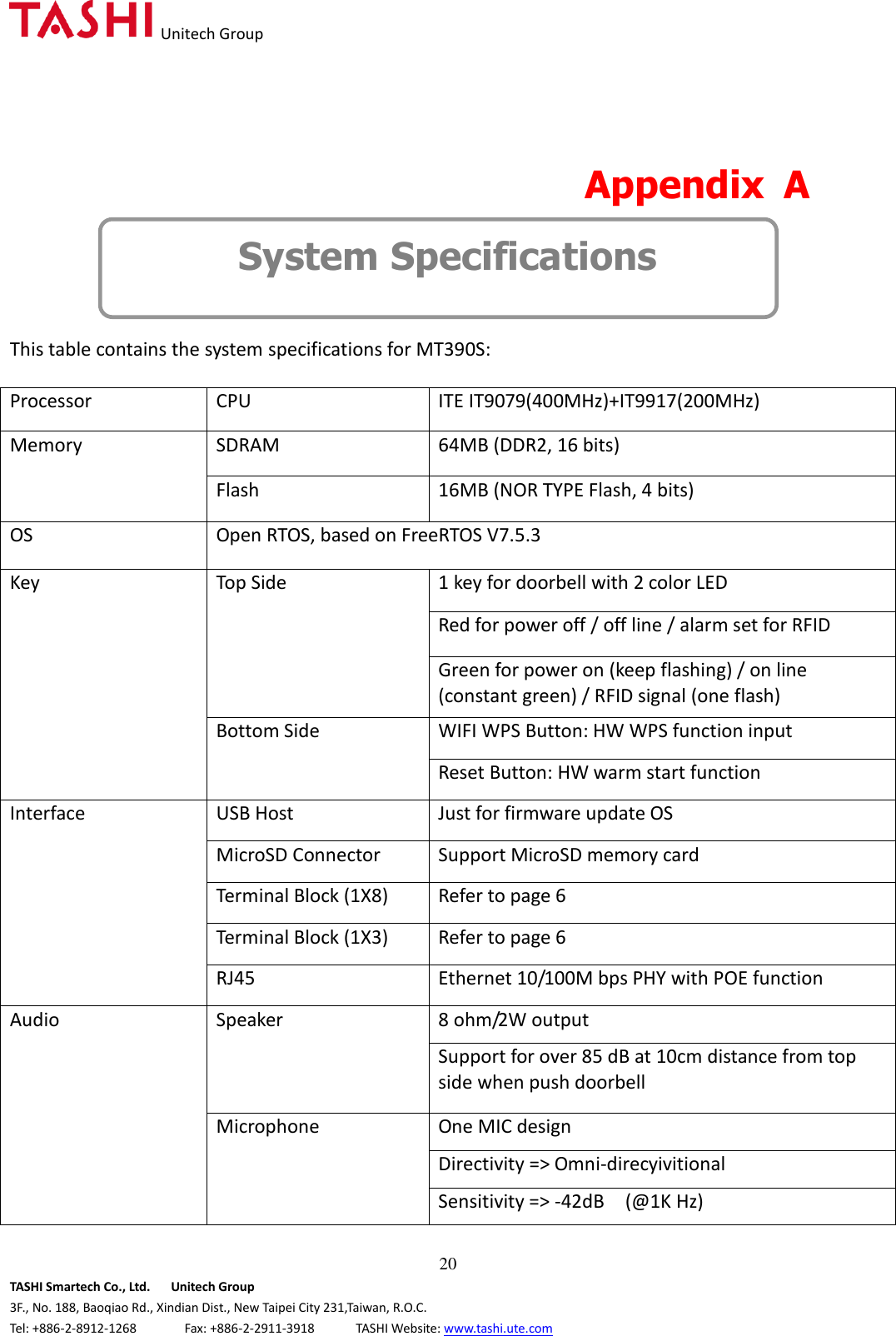   Unitech Group  20 TASHI Smartech Co., Ltd.      Unitech Group 3F., No. 188, Baoqiao Rd., Xindian Dist., New Taipei City 231,Taiwan, R.O.C. Tel: +886-2-8912-1268              Fax: +886-2-2911-3918            TASHI Website: www.tashi.ute.com   Appendix  A   System Specifications   This table contains the system specifications for MT390S:    Processor CPU ITE IT9079(400MHz)+IT9917(200MHz) Memory SDRAM 64MB (DDR2, 16 bits) Flash 16MB (NOR TYPE Flash, 4 bits) OS Open RTOS, based on FreeRTOS V7.5.3   Key Top Side 1 key for doorbell with 2 color LED Red for power off / off line / alarm set for RFID   Green for power on (keep flashing) / on line (constant green) / RFID signal (one flash) Bottom Side WIFI WPS Button: HW WPS function input Reset Button: HW warm start function Interface USB Host Just for firmware update OS MicroSD Connector Support MicroSD memory card Terminal Block (1X8) Refer to page 6 Terminal Block (1X3) Refer to page 6 RJ45 Ethernet 10/100M bps PHY with POE function Audio   Speaker 8 ohm/2W output Support for over 85 dB at 10cm distance from top side when push doorbell Microphone One MIC design Directivity =&gt; Omni-direcyivitional Sensitivity =&gt; -42dB    (@1K Hz) 