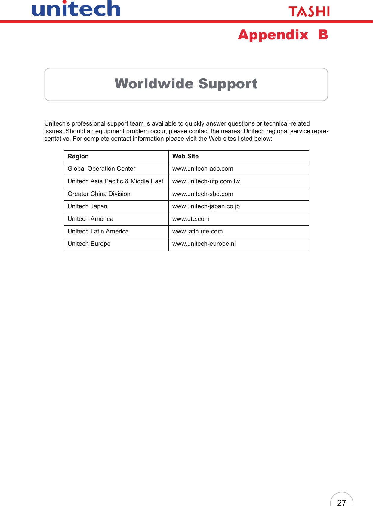 27Appendix  BWorldwide SupportUnitech’s professional support team is available to quickly answer questions or technical-related issues. Should an equipment problem occur, please contact the nearest Unitech regional service repre-sentative. For complete contact information please visit the Web sites listed below:Region Web SiteGlobal Operation Center www.unitech-adc.comUnitech Asia Pacific &amp; Middle East www.unitech-utp.com.twGreater China Division www.unitech-sbd.comUnitech Japan www.unitech-japan.co.jpUnitech America www.ute.comUnitech Latin America www.latin.ute.comUnitech Europe www.unitech-europe.nl