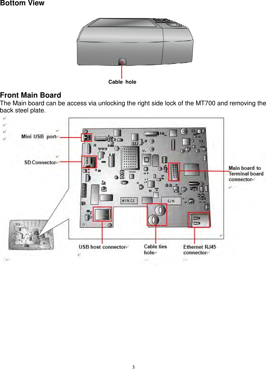 3 Bottom View   Front Main Board The Main board can be access via unlocking the right side lock of the MT700 and removing the back steel plate.               Cable  hole  