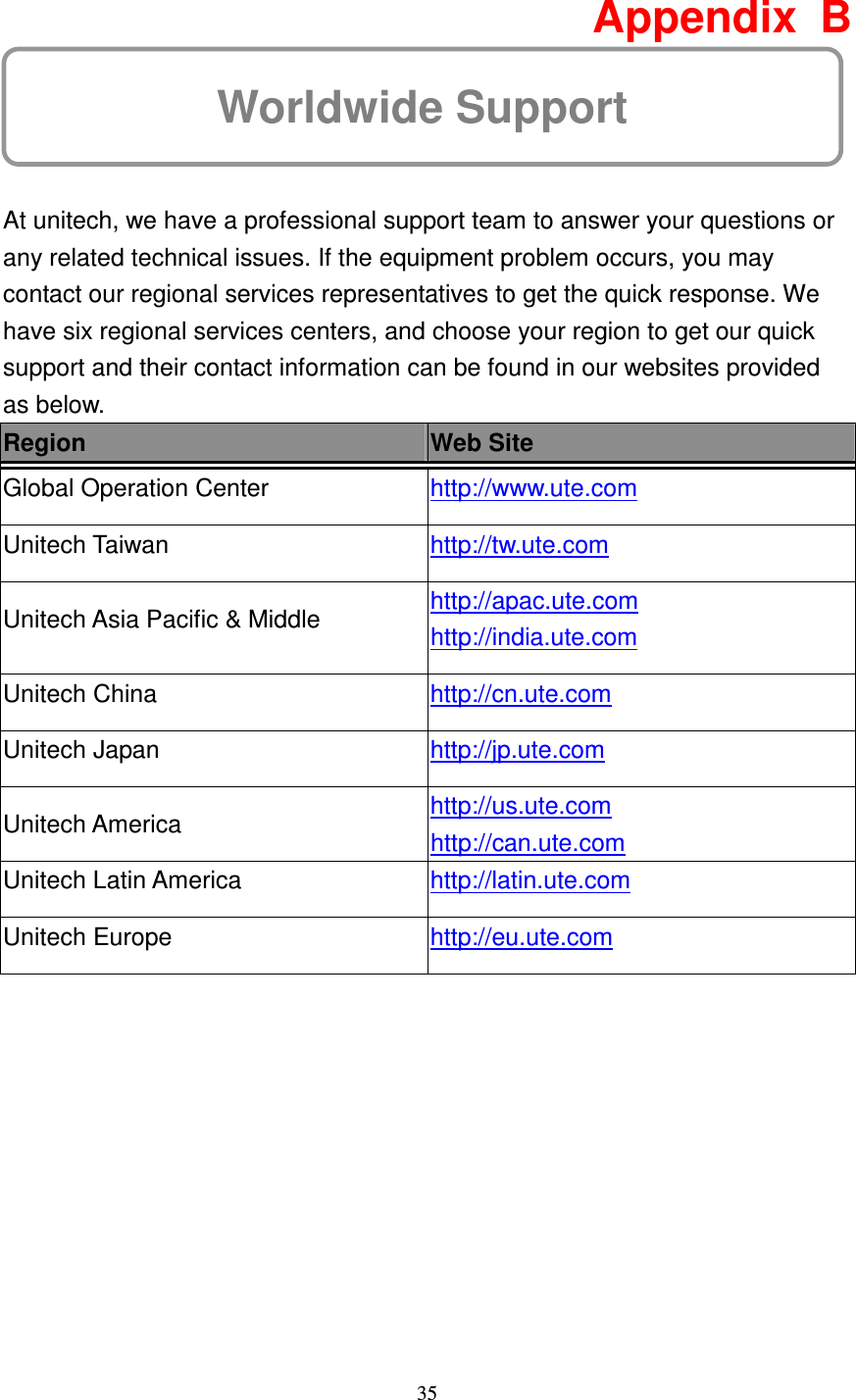 35 Worldwide Support  Appendix  B   At unitech, we have a professional support team to answer your questions or any related technical issues. If the equipment problem occurs, you may contact our regional services representatives to get the quick response. We have six regional services centers, and choose your region to get our quick support and their contact information can be found in our websites provided as below. Region  Web Site Global Operation Center  http://www.ute.com   Unitech Taiwan  http://tw.ute.com   Unitech Asia Pacific &amp; Middle  http://apac.ute.com http://india.ute.com   Unitech China  http://cn.ute.com   Unitech Japan  http://jp.ute.com   Unitech America  http://us.ute.com   http://can.ute.com   Unitech Latin America  http://latin.ute.com   Unitech Europe  http://eu.ute.com    