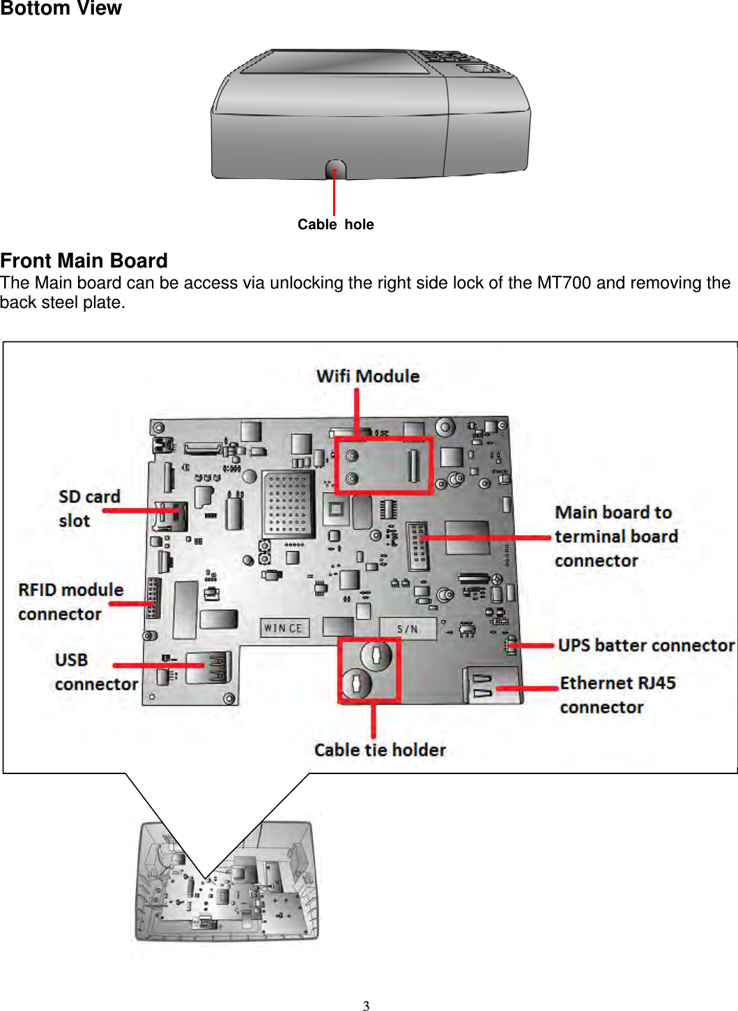 3 Bottom View   Front Main Board The Main board can be access via unlocking the right side lock of the MT700 and removing the back steel plate.                            Cable  hole  