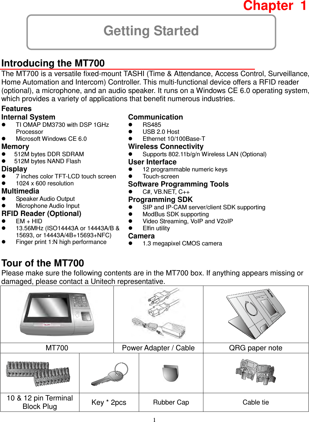 1 Getting Started Chapter  1  Introducing the MT700 The MT700 is a versatile fixed-mount TASHI (Time &amp; Attendance, Access Control, Surveillance, Home Automation and Intercom) Controller. This multi-functional device offers a RFID reader (optional), a microphone, and an audio speaker. It runs on a Windows CE 6.0 operating system, which provides a variety of applications that benefit numerous industries. Features Internal System   TI OMAP DM3730 with DSP 1GHz Processor   Microsoft Windows CE 6.0 Memory   512M bytes DDR SDRAM   512M bytes NAND Flash Display   7 inches color TFT-LCD touch screen   1024 x 600 resolution Multimedia   Speaker Audio Output     Microphone Audio Input RFID Reader (Optional)   EM + HID  13.56MHz (ISO14443A or 14443A/B &amp; 15693, or 14443A/4B+15693+NFC)   Finger print 1:N high performance  Communication   RS485  USB 2.0 Host   Ethernet 10/100Base-T Wireless Connectivity     Supports 802.11b/g/n Wireless LAN (Optional) User Interface   12 programmable numeric keys   Touch-screen Software Programming Tools   C#, VB.NET, C++ Programming SDK   SIP and IP-CAM server/client SDK supporting   ModBus SDK supporting   Video Streaming, VoIP and V2oIP   Elfin utility Camera   1.3 megapixel CMOS camera Tour of the MT700 Please make sure the following contents are in the MT700 box. If anything appears missing or damaged, please contact a Unitech representative.    MT700  Power Adapter / Cable  QRG paper note     10 &amp; 12 pin Terminal Block Plug  Key * 2pcs  Rubber Cap   Cable tie 