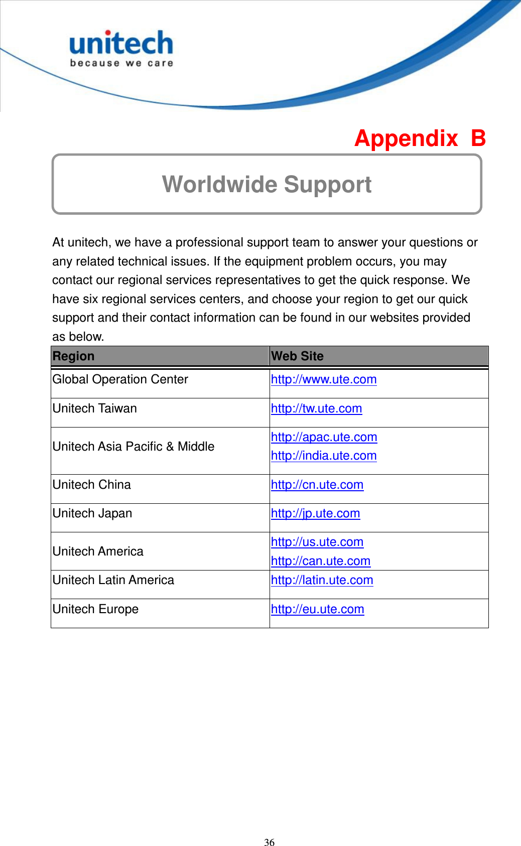  36 Worldwide Support  Appendix  B   At unitech, we have a professional support team to answer your questions or any related technical issues. If the equipment problem occurs, you may contact our regional services representatives to get the quick response. We have six regional services centers, and choose your region to get our quick support and their contact information can be found in our websites provided as below. Region  Web Site Global Operation Center  http://www.ute.com   Unitech Taiwan  http://tw.ute.com   Unitech Asia Pacific &amp; Middle  http://apac.ute.com http://india.ute.com   Unitech China  http://cn.ute.com   Unitech Japan  http://jp.ute.com   Unitech America  http://us.ute.com   http://can.ute.com   Unitech Latin America  http://latin.ute.com   Unitech Europe  http://eu.ute.com    