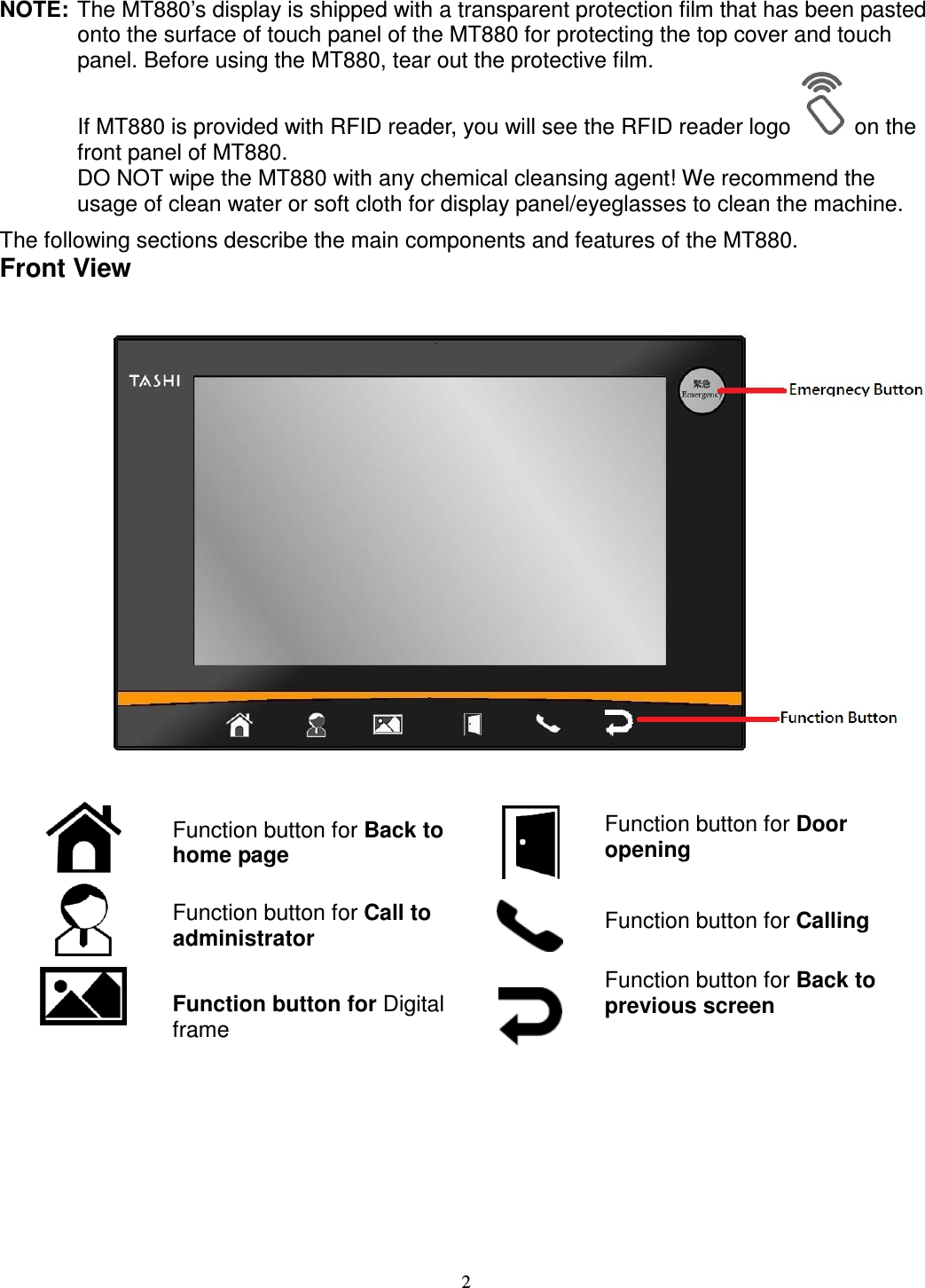 2 NOTE: The MT880’s display is shipped with a transparent protection film that has been pasted onto the surface of touch panel of the MT880 for protecting the top cover and touch panel. Before using the MT880, tear out the protective film. If MT880 is provided with RFID reader, you will see the RFID reader logo    on the front panel of MT880. DO NOT wipe the MT880 with any chemical cleansing agent! We recommend the usage of clean water or soft cloth for display panel/eyeglasses to clean the machine. The following sections describe the main components and features of the MT880. Front View       Function button for Back to home page   Function button for Door opening  Function button for Call to administrator  Function button for Calling  Function button for Digital frame   Function button for Back to previous screen  