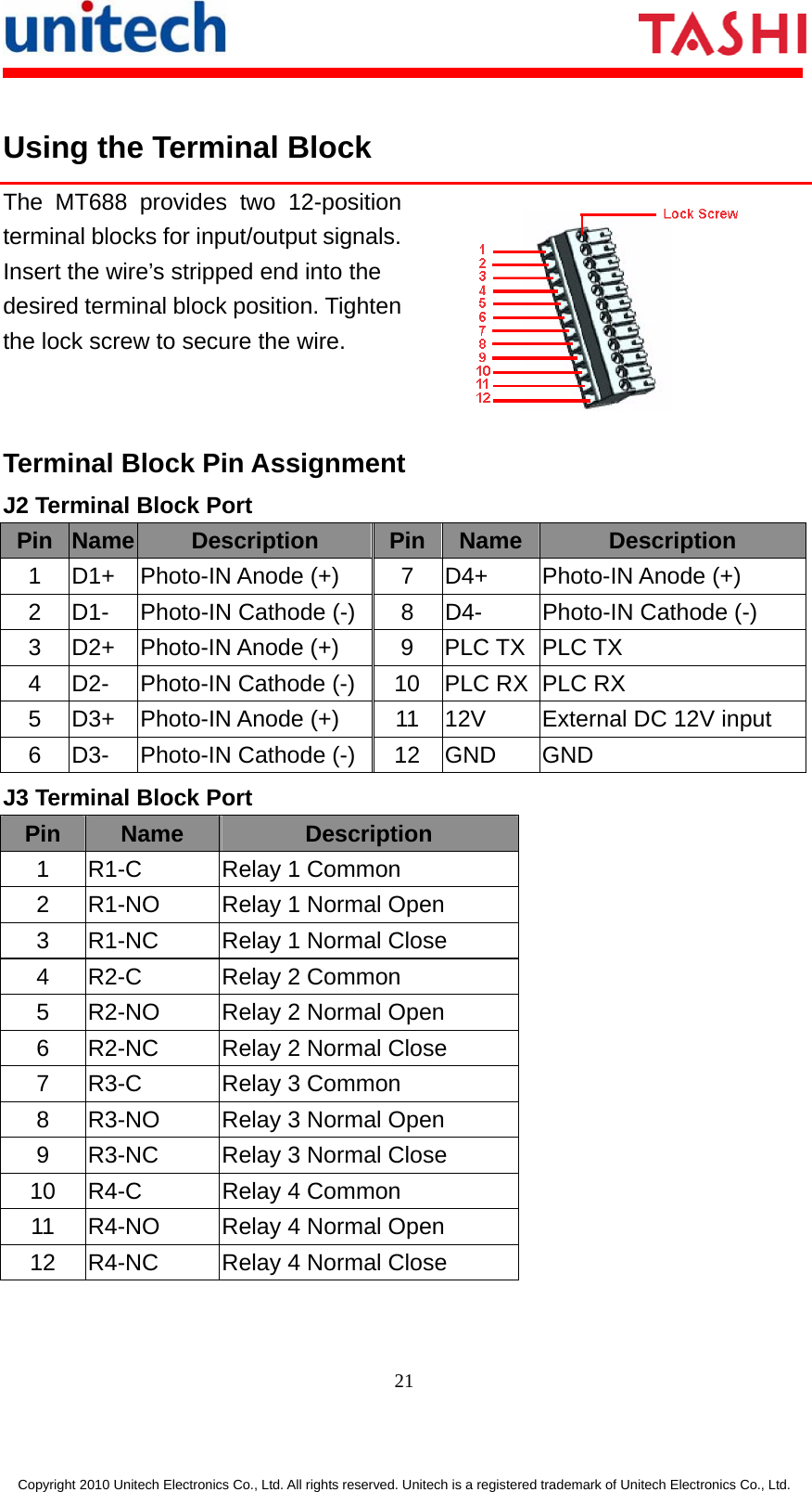       21  Copyright 2010 Unitech Electronics Co., Ltd. All rights reserved. Unitech is a registered trademark of Unitech Electronics Co., Ltd.  Using the Terminal Block The MT688 provides two 12-position terminal blocks for input/output signals.Insert the wire’s stripped end into the desired terminal block position. Tighten the lock screw to secure the wire.  Terminal Block Pin Assignment J2 Terminal Block Port Pin  Name  Description  Pin Name Description 1  D1+  Photo-IN Anode (+)  7  D4+  Photo-IN Anode (+) 2  D1-  Photo-IN Cathode (-) 8  D4-  Photo-IN Cathode (-) 3  D2+  Photo-IN Anode (+)  9  PLC TX PLC TX 4  D2-  Photo-IN Cathode (-) 10  PLC RX PLC RX 5 D3+ Photo-IN Anode (+)  11 12V  External DC 12V input 6  D3-  Photo-IN Cathode (-) 12  GND  GND J3 Terminal Block Port Pin  Name  Description 1  R1-C  Relay 1 Common 2  R1-NO  Relay 1 Normal Open 3  R1-NC  Relay 1 Normal Close 4  R2-C  Relay 2 Common 5  R2-NO  Relay 2 Normal Open 6  R2-NC  Relay 2 Normal Close 7  R3-C  Relay 3 Common 8  R3-NO  Relay 3 Normal Open 9  R3-NC  Relay 3 Normal Close 10  R4-C  Relay 4 Common 11  R4-NO  Relay 4 Normal Open 12  R4-NC  Relay 4 Normal Close 