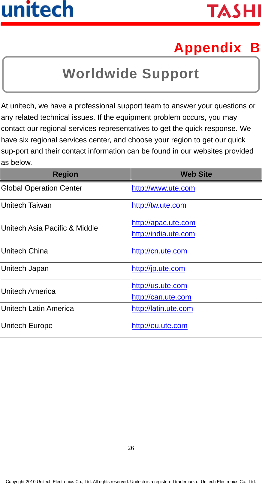      26  Copyright 2010 Unitech Electronics Co., Ltd. All rights reserved. Unitech is a registered trademark of Unitech Electronics Co., Ltd. Worldwide Support Appendix B  At unitech, we have a professional support team to answer your questions or any related technical issues. If the equipment problem occurs, you may contact our regional services representatives to get the quick response. We have six regional services center, and choose your region to get our quick sup-port and their contact information can be found in our websites provided as below. Region  Web Site Global Operation Center  http://www.ute.com  Unitech Taiwan  http://tw.ute.com  Unitech Asia Pacific &amp; Middle  http://apac.ute.com  http://india.ute.com  Unitech China  http://cn.ute.com  Unitech Japan  http://jp.ute.com  Unitech America  http://us.ute.com  http://can.ute.com  Unitech Latin America  http://latin.ute.com  Unitech Europe  http://eu.ute.com   