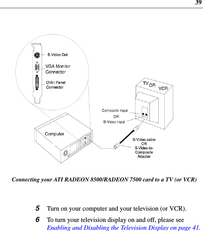 395Turn on your computer and your television (or VCR).6To turn your television display on and off, please seeEnabling and Disabling the Television Display on page 41.Connecting your ATI RADEON 8500/RADEON 7500 card to a TV (or VCR)