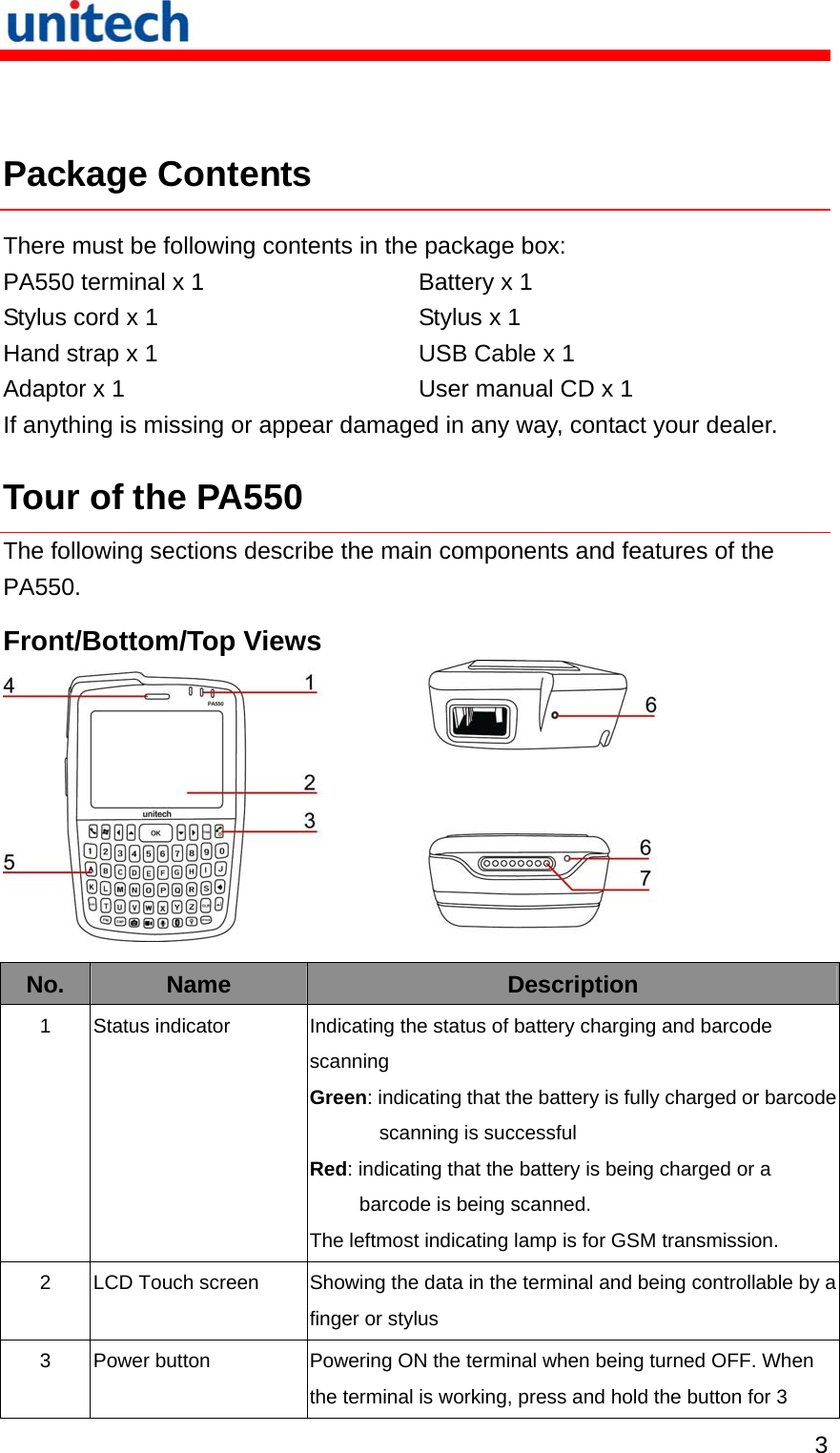   3  Package Contents There must be following contents in the package box: PA550 terminal x 1 Battery x 1 Stylus cord x 1 Stylus x 1 Hand strap x 1 USB Cable x 1 Adaptor x 1 User manual CD x 1 If anything is missing or appear damaged in any way, contact your dealer. Tour of the PA550 The following sections describe the main components and features of the PA550. Front/Bottom/Top Views  No. Name Description 1 Status indicator Indicating the status of battery charging and barcode scanning Green: indicating that the battery is fully charged or barcode scanning is successful Red: indicating that the battery is being charged or a barcode is being scanned. The leftmost indicating lamp is for GSM transmission. 2 LCD Touch screen Showing the data in the terminal and being controllable by a finger or stylus 3 Power button Powering ON the terminal when being turned OFF. When the terminal is working, press and hold the button for 3 