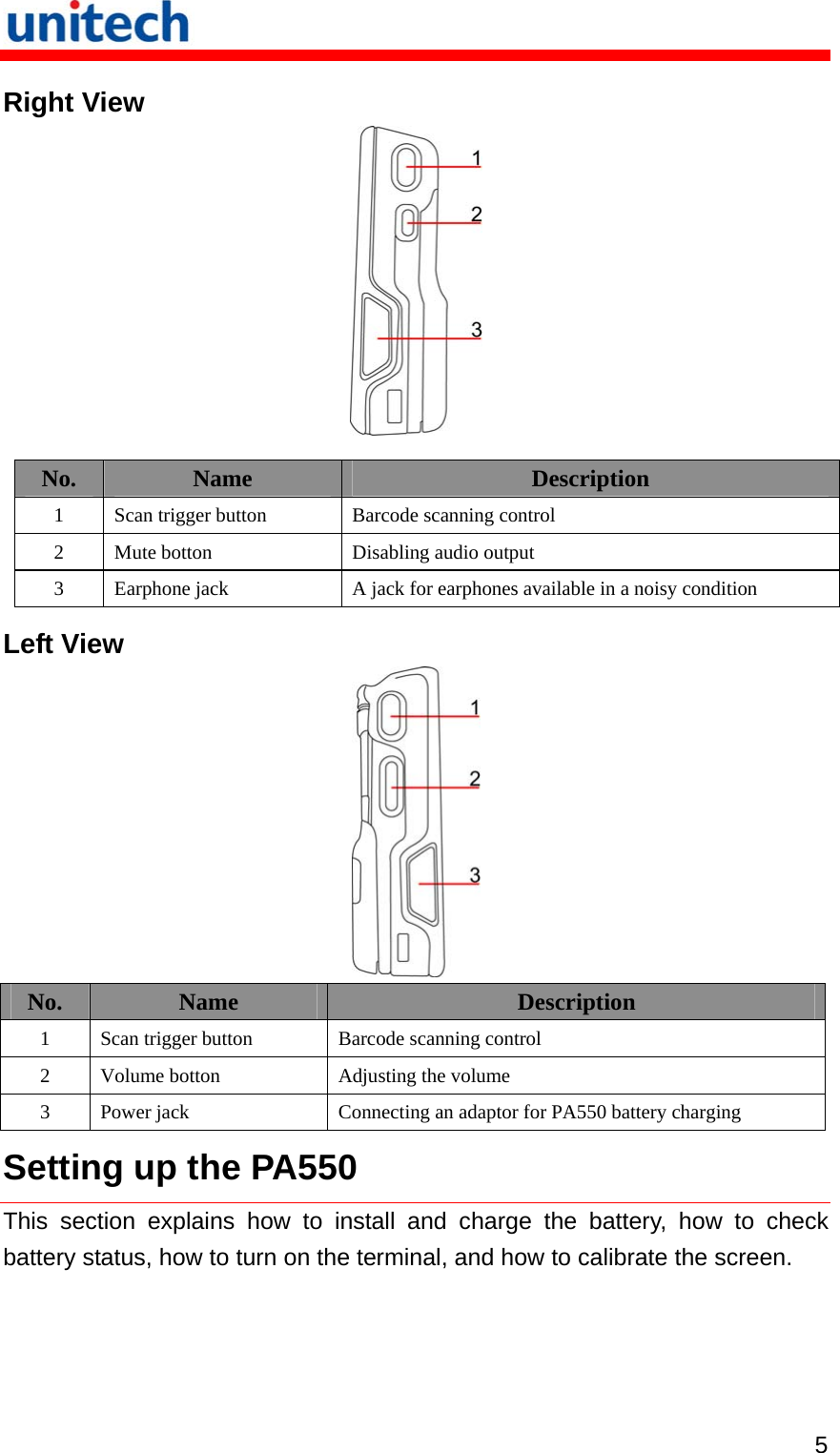   5 Right View  No. Name Description 1 Scan trigger button Barcode scanning control 2 Mute botton Disabling audio output 3 Earphone jack A jack for earphones available in a noisy condition Left View  No. Name Description 1 Scan trigger button Barcode scanning control 2 Volume botton Adjusting the volume 3 Power jack Connecting an adaptor for PA550 battery charging Setting up the PA550 This section explains how to install and charge the battery, how to check battery status, how to turn on the terminal, and how to calibrate the screen. 