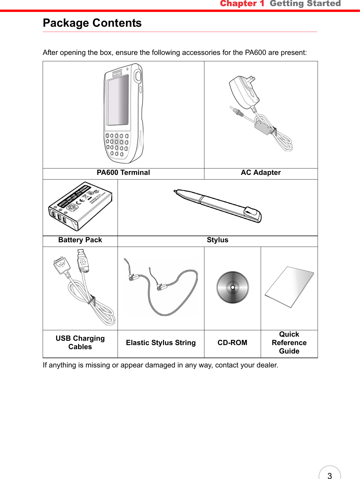 Chapter 1   Getting Started 3Package ContentsAfter opening the box, ensure the following accessories for the PA600 are present:If anything is missing or appear damaged in any way, contact your dealer.PA600 Terminal AC AdapterBattery Pack Stylus    USB Charging Cables Elastic Stylus String CD-ROMQuick Reference Guide