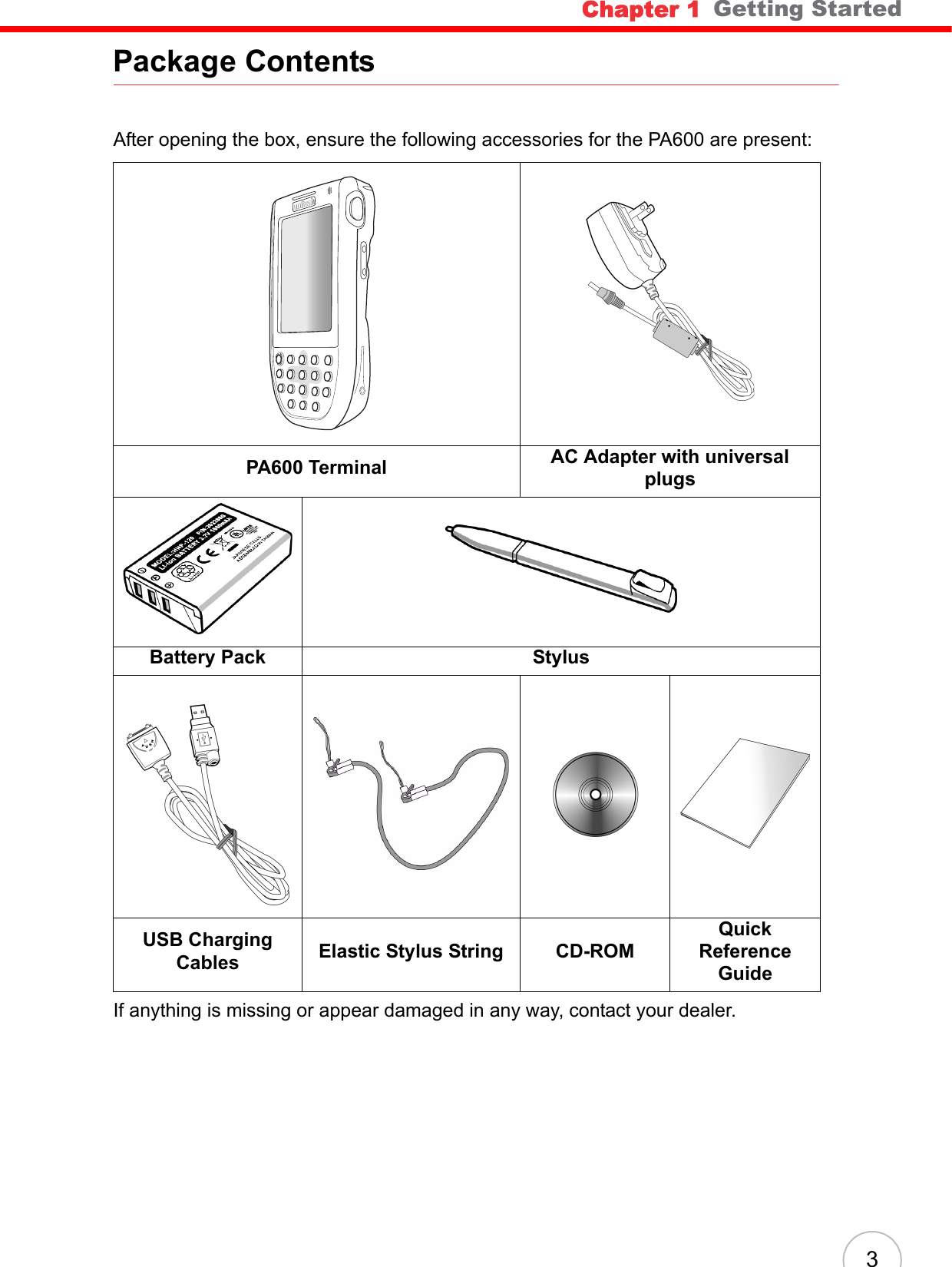Chapter 1   Getting Started3Package ContentsAfter opening the box, ensure the following accessories for the PA600 are present:If anything is missing or appear damaged in any way, contact your dealer.PA600 Terminal AC Adapter with universal plugsBattery Pack Stylus    USB Charging Cables Elastic Stylus String CD-ROMQuick Reference Guideunitech unitech 