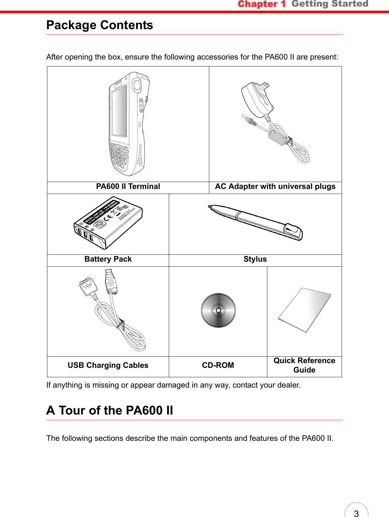 Chapter 1   Getting Started3Package ContentsAfter opening the box, ensure the following accessories for the PA600 II are present:If anything is missing or appear damaged in any way, contact your dealer.A Tour of the PA600 IIThe following sections describe the main components and features of the PA600 II.PA600 II Terminal AC Adapter with universal plugsBattery Pack Stylus    USB Charging Cables CD-ROM Quick Reference Guide