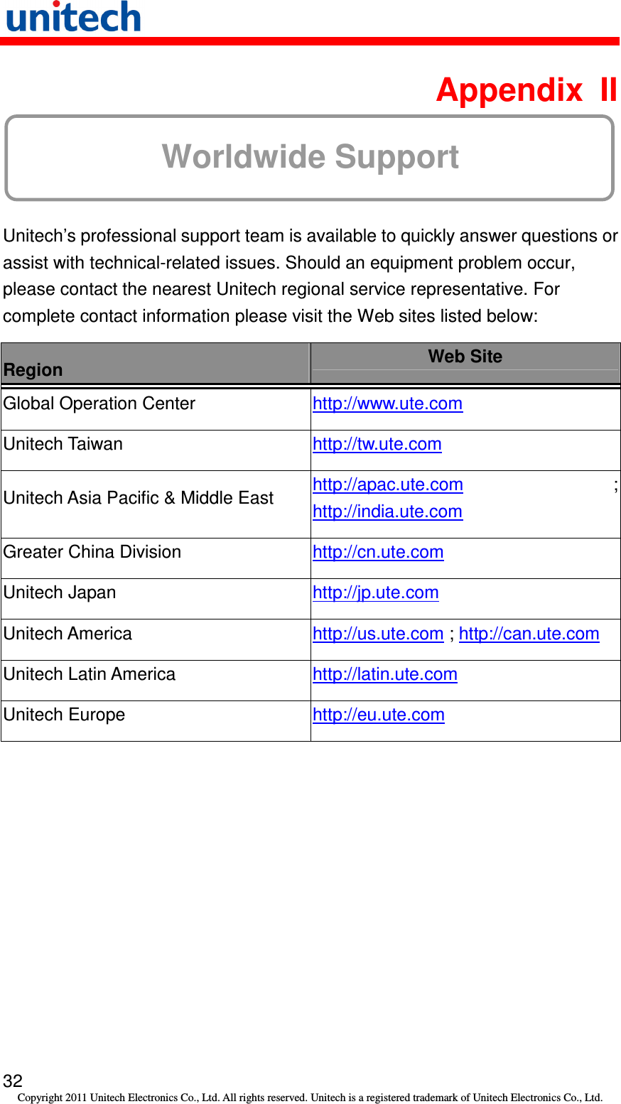   32 Copyright 2011 Unitech Electronics Co., Ltd. All rights reserved. Unitech is a registered trademark of Unitech Electronics Co., Ltd.  Appendix  II Worldwide Support  Unitech’s professional support team is available to quickly answer questions or assist with technical-related issues. Should an equipment problem occur, please contact the nearest Unitech regional service representative. For complete contact information please visit the Web sites listed below: Region  Web Site Global Operation Center  http://www.ute.com   Unitech Taiwan  http://tw.ute.com   Unitech Asia Pacific &amp; Middle East  http://apac.ute.com ; http://india.ute.com   Greater China Division  http://cn.ute.com   Unitech Japan  http://jp.ute.com   Unitech America  http://us.ute.com ; http://can.ute.com  Unitech Latin America  http://latin.ute.com   Unitech Europe  http://eu.ute.com    