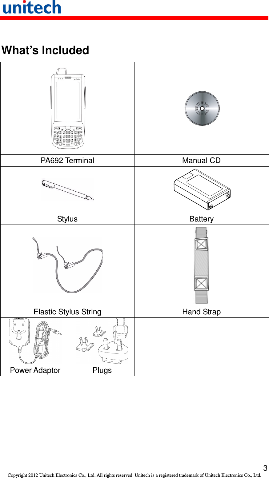   3 Copyright 2012 Unitech Electronics Co., Ltd. All rights reserved. Unitech is a registered trademark of Unitech Electronics Co., Ltd.  What’s Included   PA692 Terminal  Manual CD   Stylus  Battery   Elastic Stylus String  Hand Strap     Power Adaptor  Plugs   