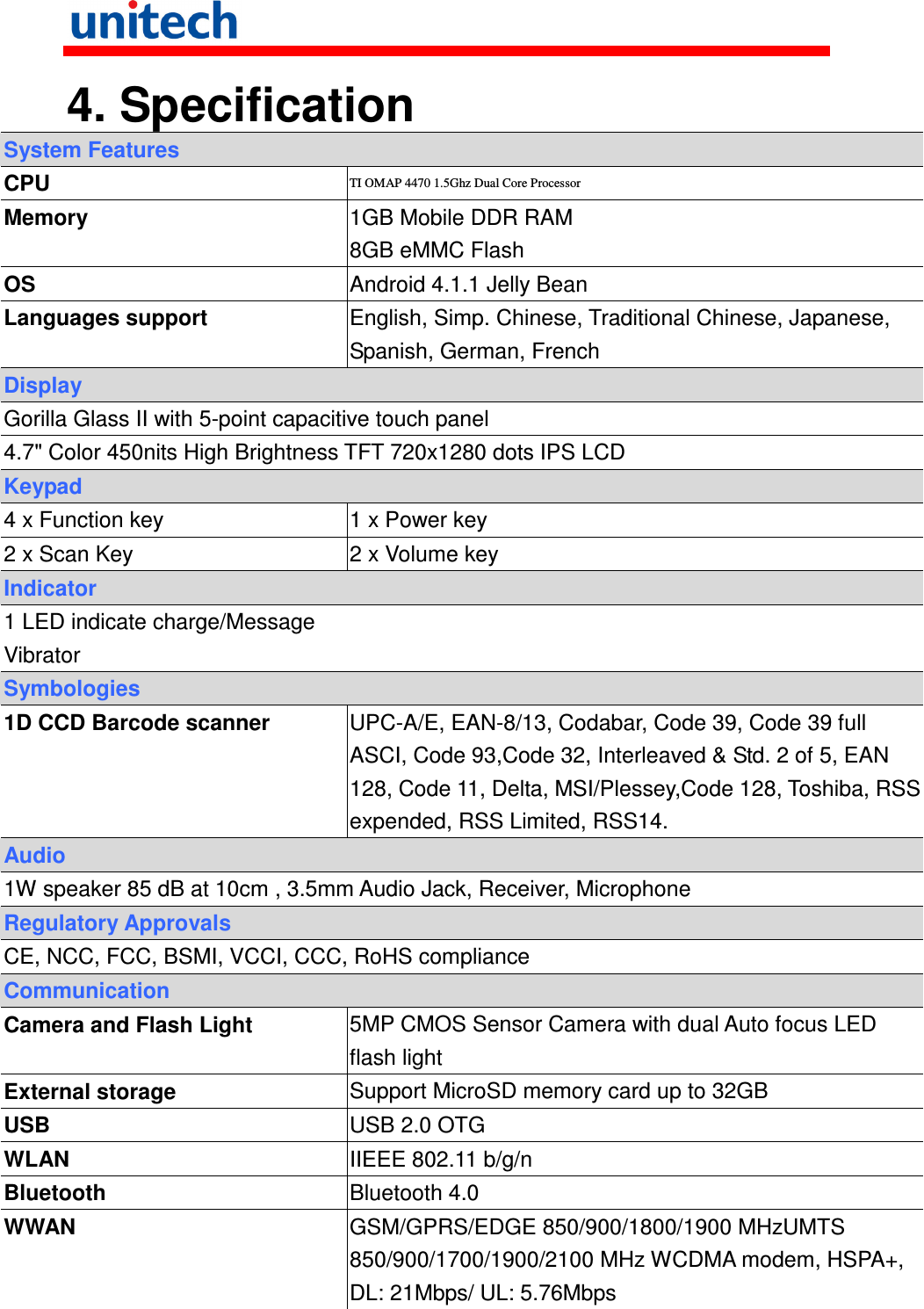   4. Specification System Features CPU TI OMAP 4470 1.5Ghz Dual Core Processor Memory  1GB Mobile DDR RAM 8GB eMMC Flash OS  Android 4.1.1 Jelly Bean Languages support  English, Simp. Chinese, Traditional Chinese, Japanese,   Spanish, German, French Display Gorilla Glass II with 5-point capacitive touch panel 4.7&quot; Color 450nits High Brightness TFT 720x1280 dots IPS LCD Keypad 4 x Function key  1 x Power key 2 x Scan Key  2 x Volume key Indicator 1 LED indicate charge/Message Vibrator Symbologies 1D CCD Barcode scanner UPC-A/E, EAN-8/13, Codabar, Code 39, Code 39 full ASCI, Code 93,Code 32, Interleaved &amp; Std. 2 of 5, EAN 128, Code 11, Delta, MSI/Plessey,Code 128, Toshiba, RSS expended, RSS Limited, RSS14. Audio 1W speaker 85 dB at 10cm , 3.5mm Audio Jack, Receiver, Microphone Regulatory Approvals CE, NCC, FCC, BSMI, VCCI, CCC, RoHS compliance Communication Camera and Flash Light  5MP CMOS Sensor Camera with dual Auto focus LED flash light External storage  Support MicroSD memory card up to 32GB USB  USB 2.0 OTG WLAN  IIEEE 802.11 b/g/n Bluetooth  Bluetooth 4.0 WWAN  GSM/GPRS/EDGE 850/900/1800/1900 MHzUMTS 850/900/1700/1900/2100 MHz WCDMA modem, HSPA+, DL: 21Mbps/ UL: 5.76Mbps 