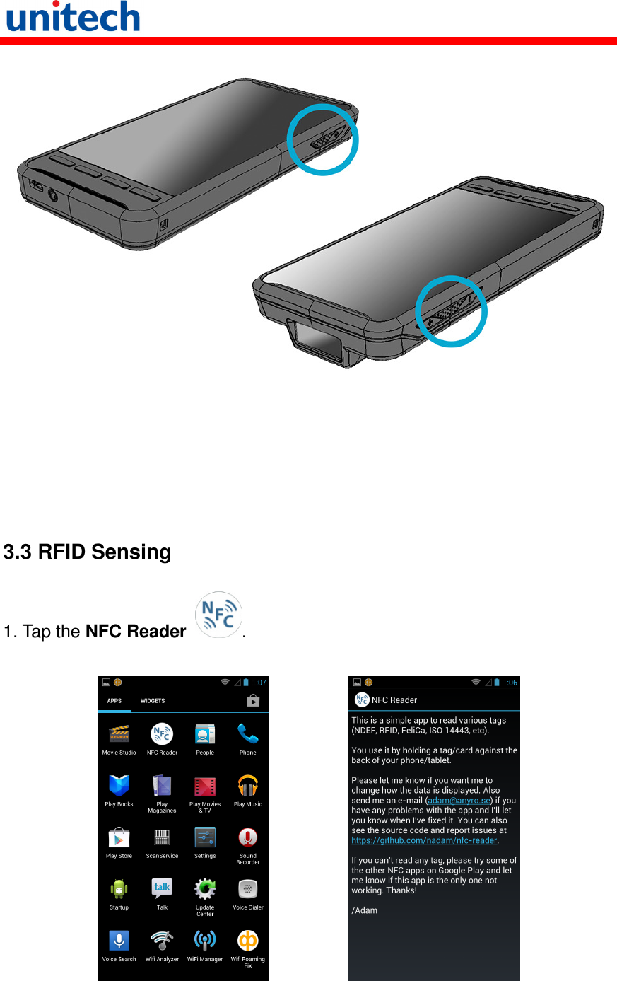          3.3 RFID Sensing  1. Tap the NFC Reader  .                