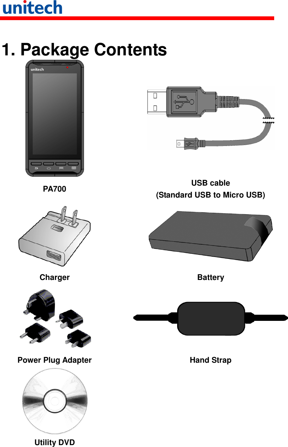    1. Package Contents   PA700  USB cable (Standard USB to Micro USB)   Charger  Battery   Power Plug Adapter  Hand Strap   Utility DVD     