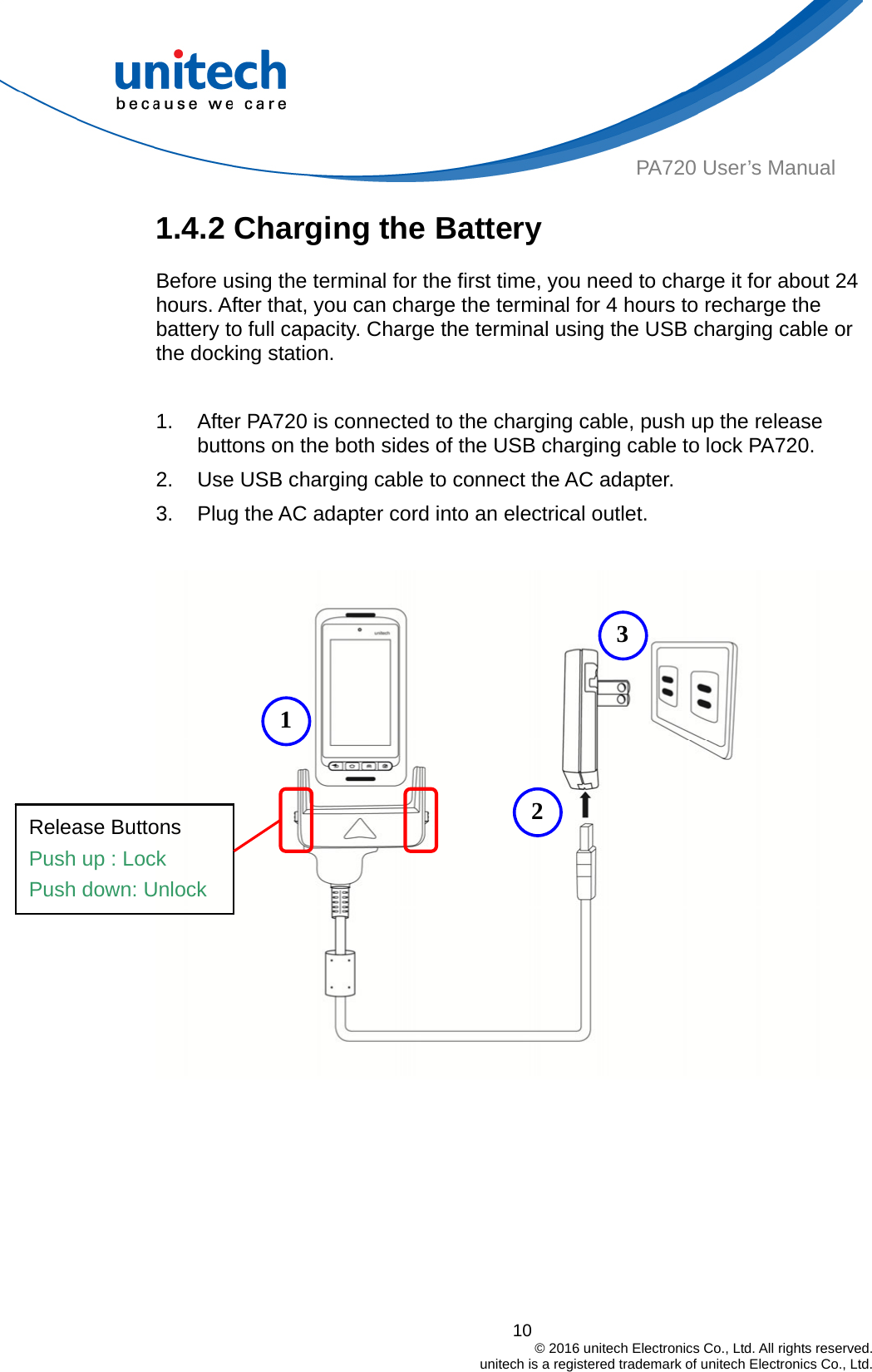  PA720 User’s Manual 1.4.2 Charging the Battery Before using the terminal for the first time, you need to charge it for about 24 hours. After that, you can charge the terminal for 4 hours to recharge the battery to full capacity. Charge the terminal using the USB charging cable or the docking station.  1.  After PA720 is connected to the charging cable, push up the release buttons on the both sides of the USB charging cable to lock PA720. 2.  Use USB charging cable to connect the AC adapter. 3.  Plug the AC adapter cord into an electrical outlet.   31 2Release Buttons Push up : Lock   Push down: Unlock  10                                         © 2016 unitech Electronics Co., Ltd. All rights reserved.                                             unitech is a registered trademark of unitech Electronics Co., Ltd. 