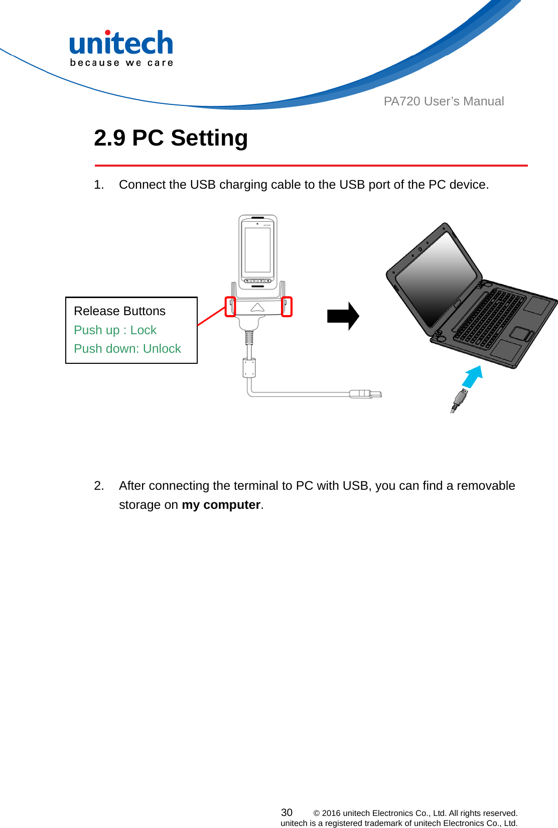  PA720 User’s Manual 2.9 PC Setting  1.  Connect the USB charging cable to the USB port of the PC device.   Release Buttons Push up : Lock   Push down: Unlock     2.  After connecting the terminal to PC with USB, you can find a removable storage on my computer.                 30    © 2016 unitech Electronics Co., Ltd. All rights reserved.   unitech is a registered trademark of unitech Electronics Co., Ltd. 