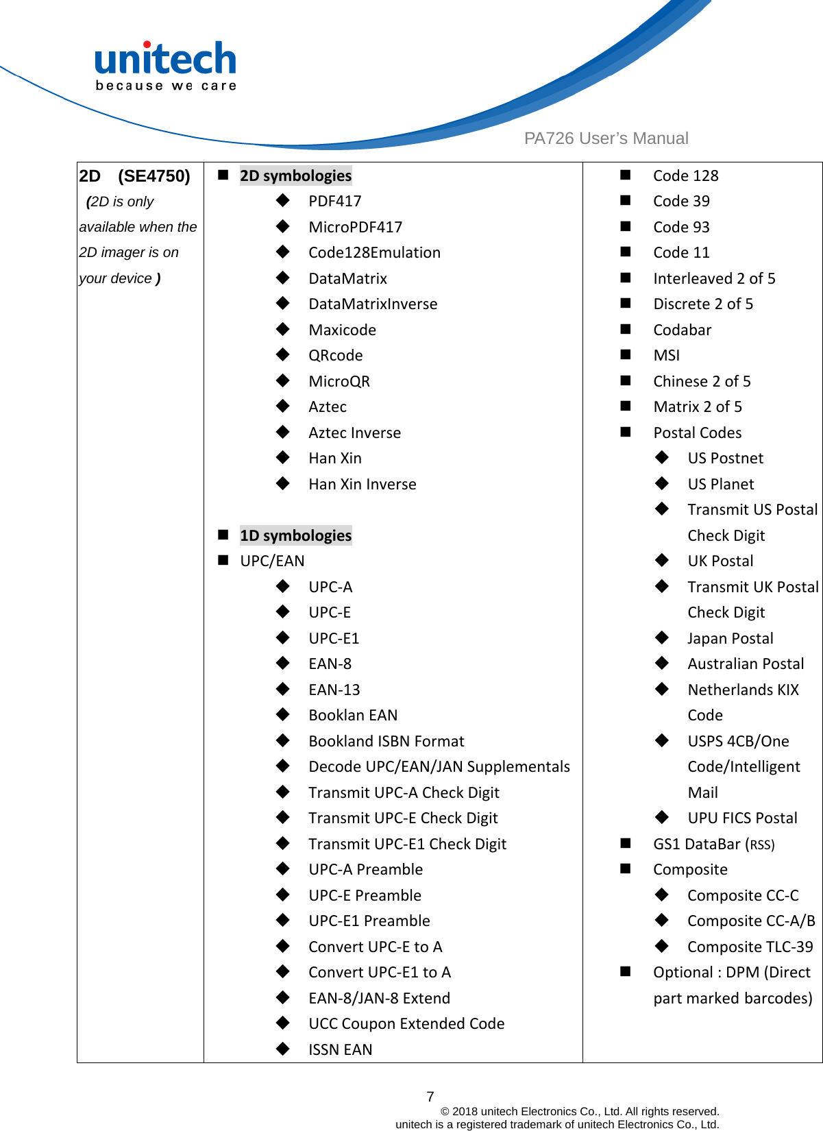  7                                         © 2018 unitech Electronics Co., Ltd. All rights reserved.                                             unitech is a registered trademark of unitech Electronics Co., Ltd. PA726 User’s Manual 2D  (SE4750)  (2D is only available when the 2D imager is on your device )  2Dsymbologies PDF417 MicroPDF417 Code128Emulation DataMatrix DataMatrixInverse Maxicode QRcode MicroQR Aztec AztecInverse HanXin HanXinInverse 1Dsymbologies UPC/EAN UPC‐A UPC‐E UPC‐E1 EAN‐8 EAN‐13 BooklanEAN BooklandISBNFormat DecodeUPC/EAN/JANSupplementals TransmitUPC‐ACheckDigit TransmitUPC‐ECheckDigit TransmitUPC‐E1CheckDigit UPC‐APreamble UPC‐EPreamble UPC‐E1Preamble ConvertUPC‐EtoA ConvertUPC‐E1toA EAN‐8/JAN‐8Extend UCCCouponExtendedCode ISSNEAN Code128 Code39 Code93 Code11 Interleaved2of5 Discrete2of5 Codabar MSI Chinese2of5 Matrix2of5 PostalCodes USPostnet USPlanet TransmitUSPostalCheckDigit UKPostal TransmitUKPostalCheckDigit JapanPostal AustralianPostal NetherlandsKIXCode USPS4CB/OneCode/IntelligentMail UPUFICSPostal GS1DataBar(RSS) Composite CompositeCC‐C CompositeCC‐A/B CompositeTLC‐39 Optional:DPM(Directpartmarked barcodes) 